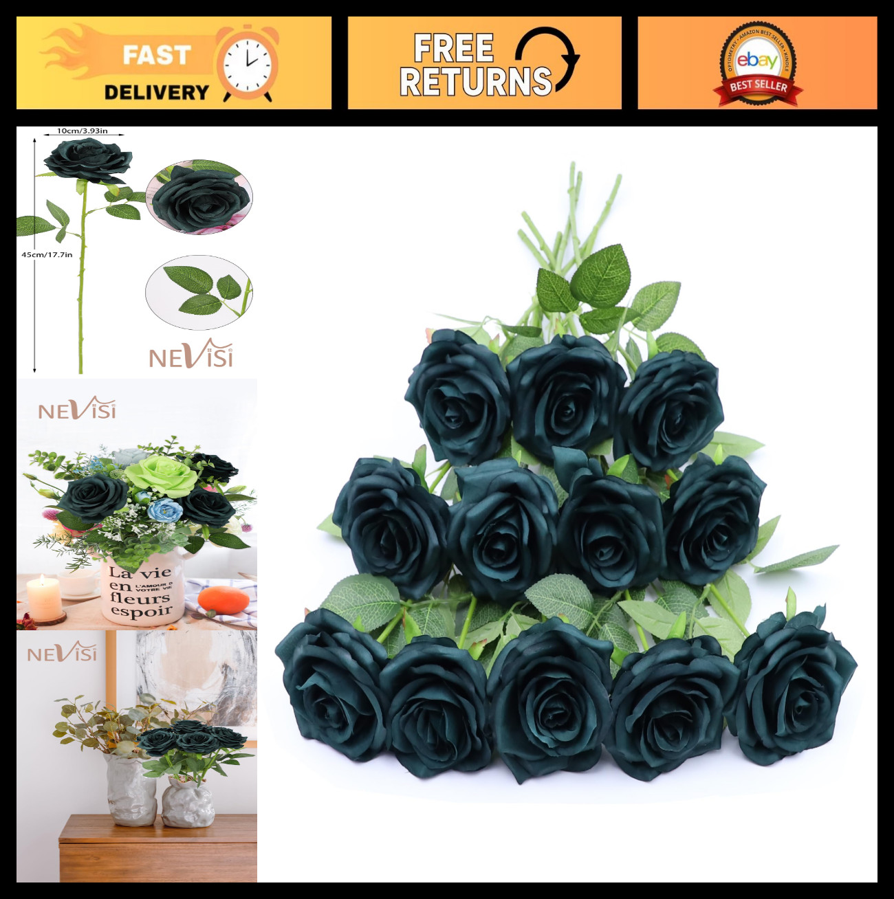 12 Emerald Green Artificial Silk Roses – Realistic Fake Flowers for DIY Wedding