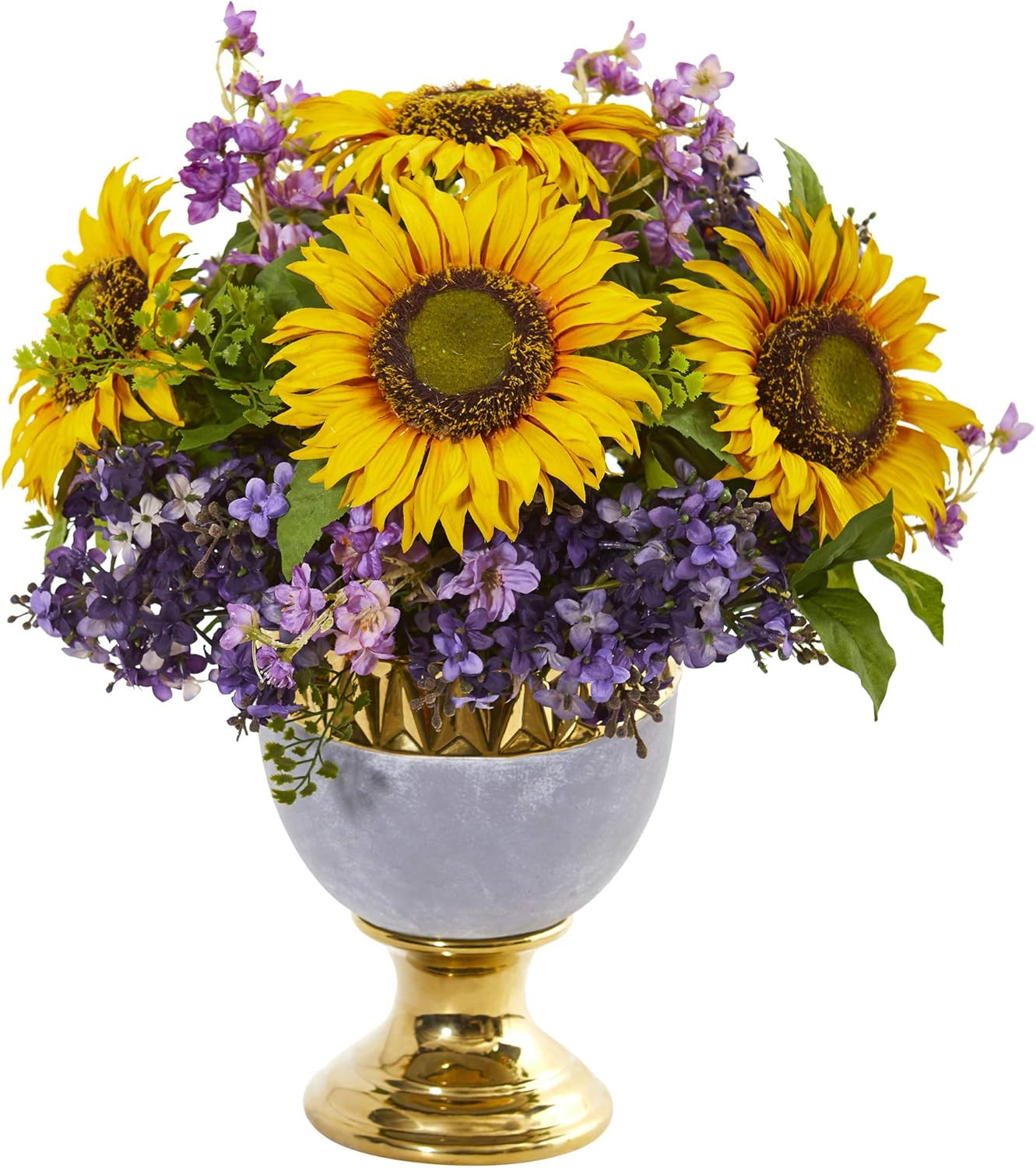 Elegant 16″ Sunflower & Lilac Urn with Gold Trim – Silk Floral Arrangements