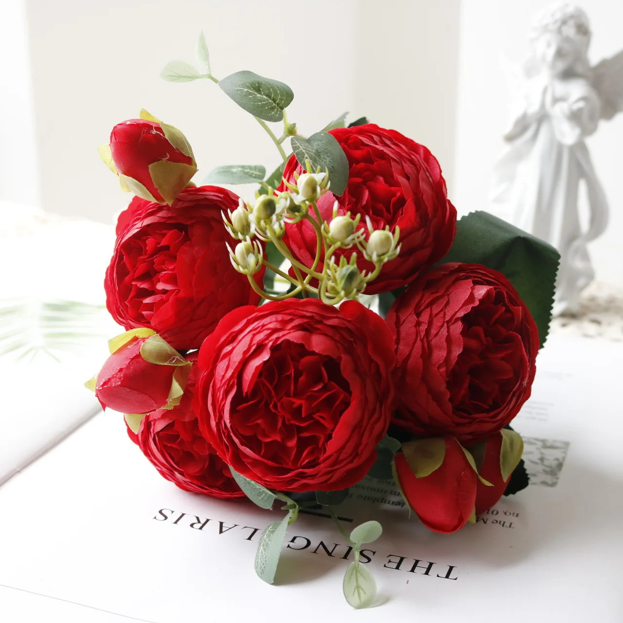 Rose Pink Silk Peony Bouquet – 5 Big Heads, 4 Buds for Wedding Decor