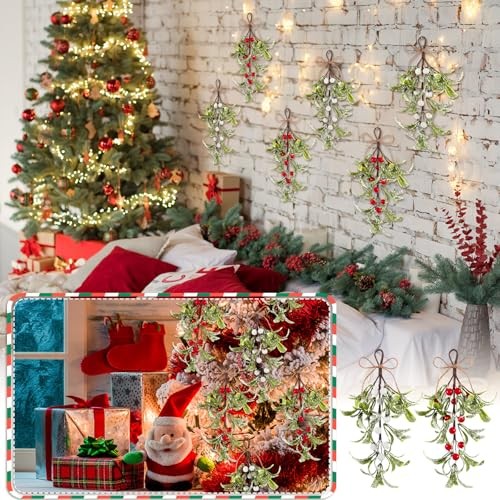 6 Pcs Christmas Mistletoe Decor Artificial Mistletoe 9 Inch Green, White, Red
