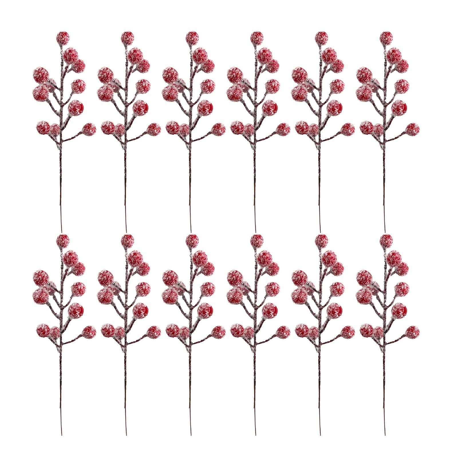 12Pcs Artificial Holly Stems 7.8 Inch Christmas Spray Picks with Snow Red Ber…
