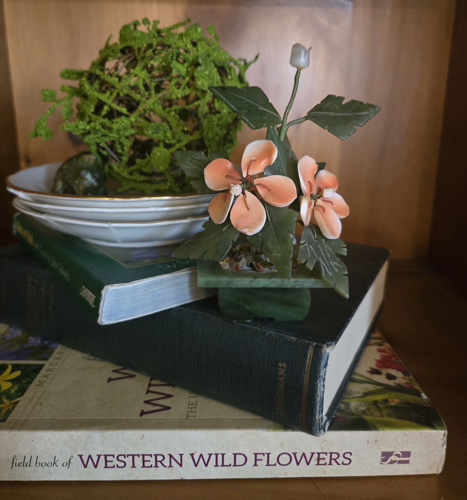 Vintage Jade & Shell Flower Arrangement – Handcrafted Bonsai-Style Floral Sculpt