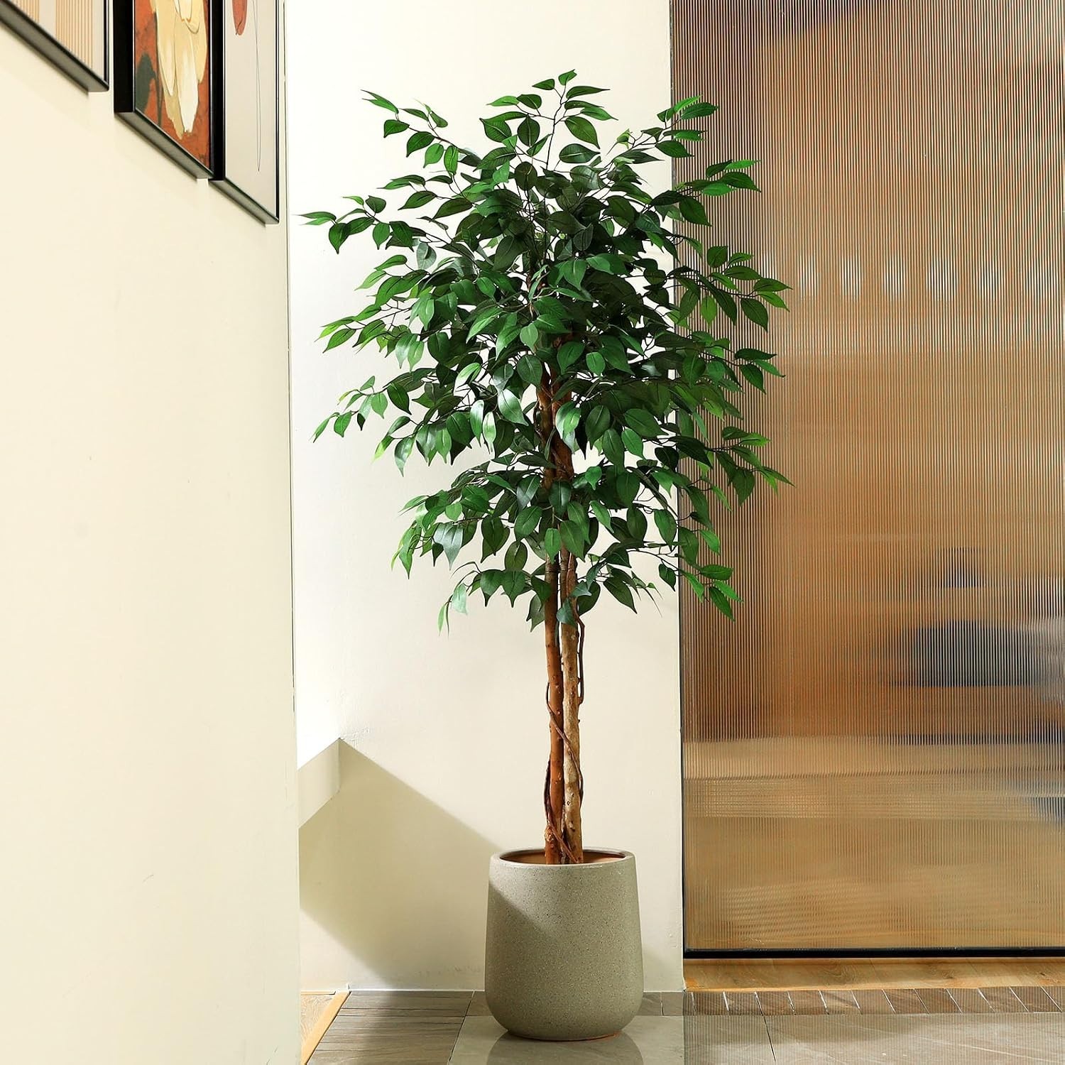 5ft Artificial Ficus Tree with Natural Wood Trunk, Silk Fake Ficus Tree in Pl…