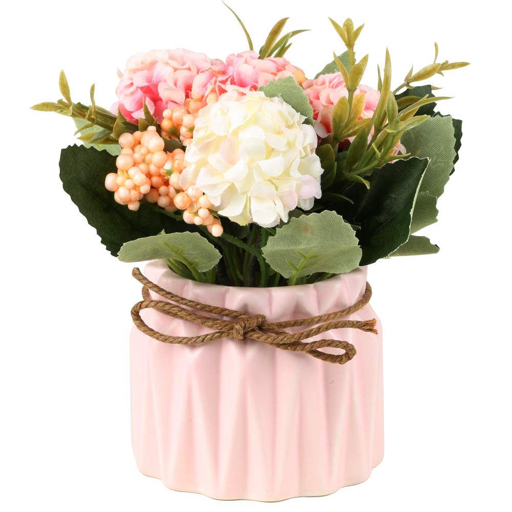 SUPNIU Artificial Hydrangea Bouquet with Small Ceramic Vase Fake Silk Variety…