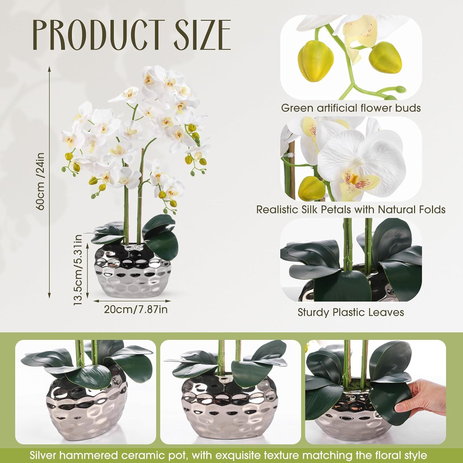 2 Pack White Faux Orchid Flowers with Ceramic Pot for Home Décor