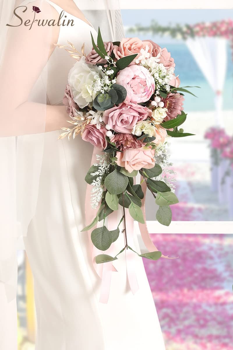 9.8 Inch Wedding Bouquets for Bride Bridesmaid, Dusty Pink Peonies Bridal Bou…