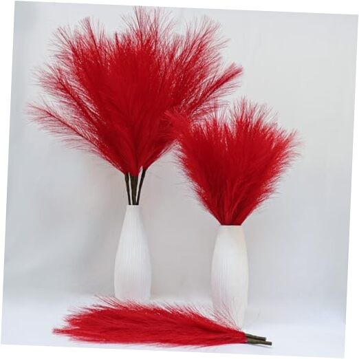 Pampas Grass Tall Fluffy, 5 Pcs Detachable Faux Bulrush Reed Grass Dark Red