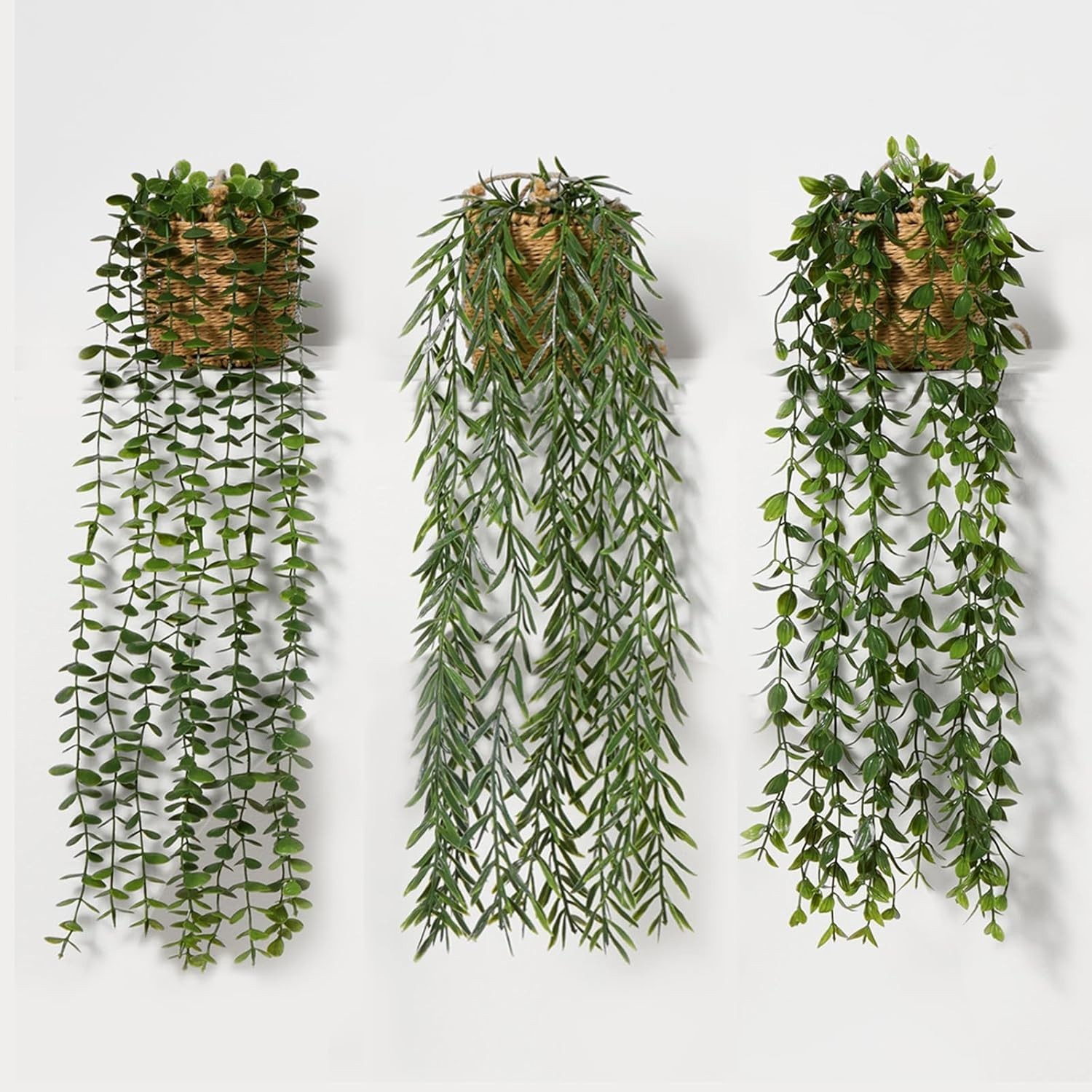 3 Pack Artificial Hanging Plants in Boho Handwoven Baskets Living Room Bedroom