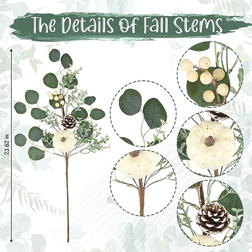 6 Pcs 23.62 Inch Large Fall White Pumpkin Stems Artificial Eucalyptus Leaves