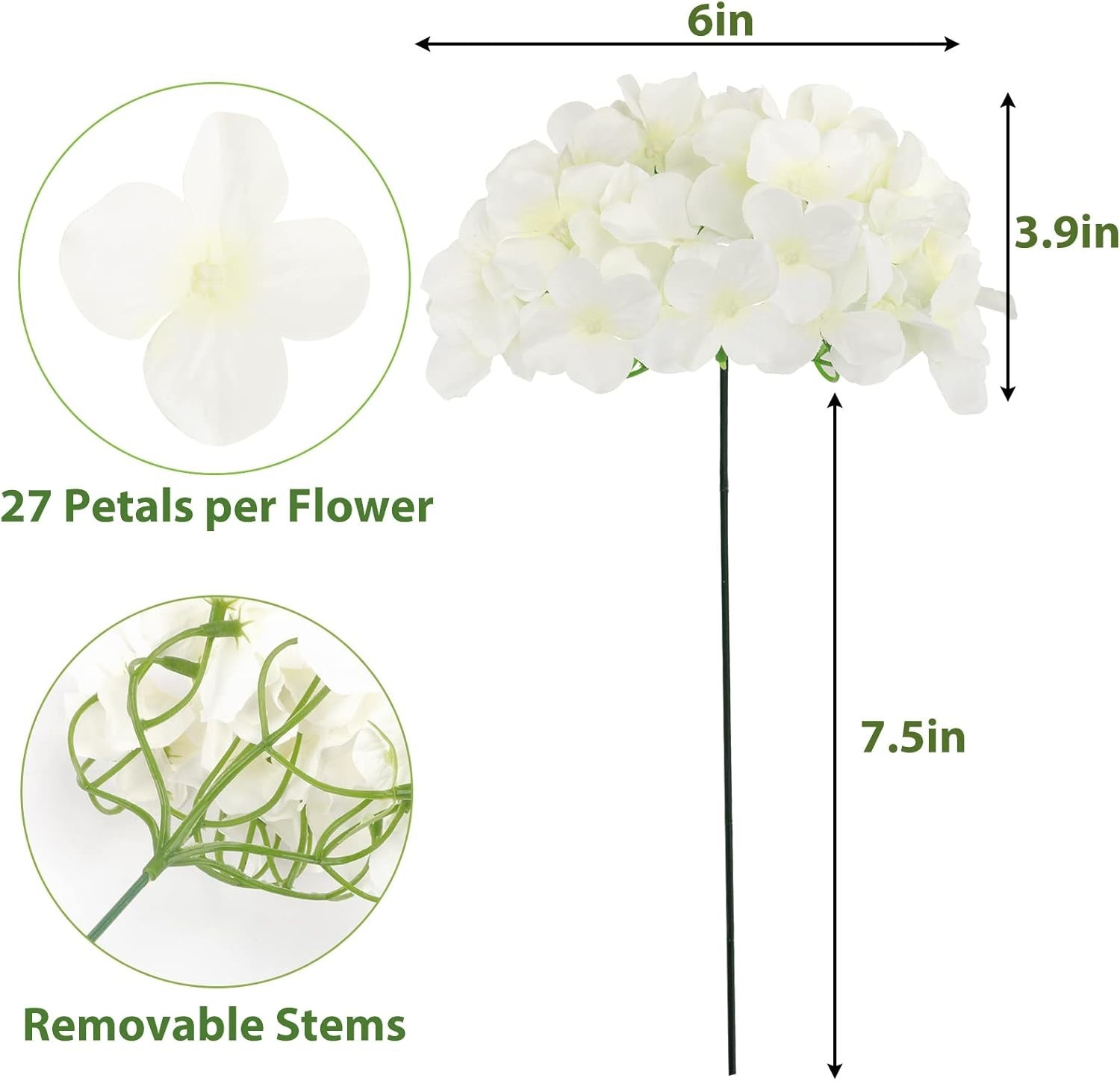 JPSOR 30pcs Artificial Hydrangea Silk Flower Heads with Stems, Fake (WHITE) NEW