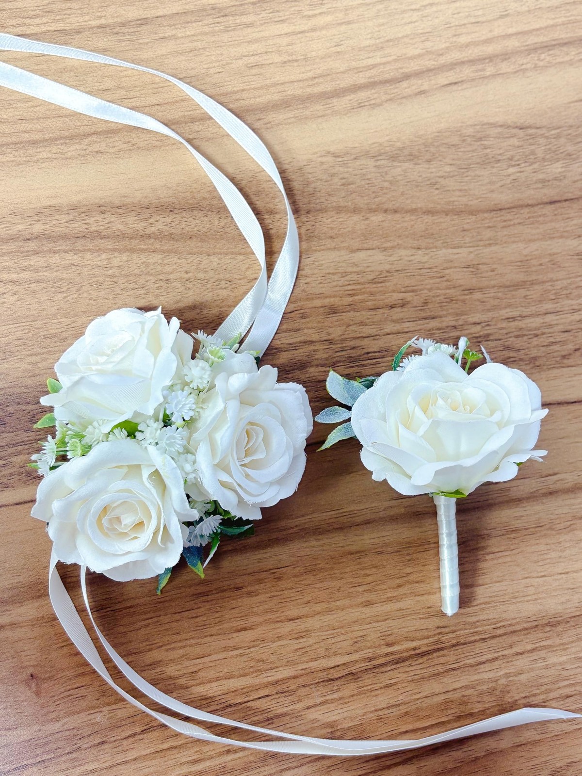 White Rose Corsage and Boutonniere Set with Green Leaves for Wedding Flower P…