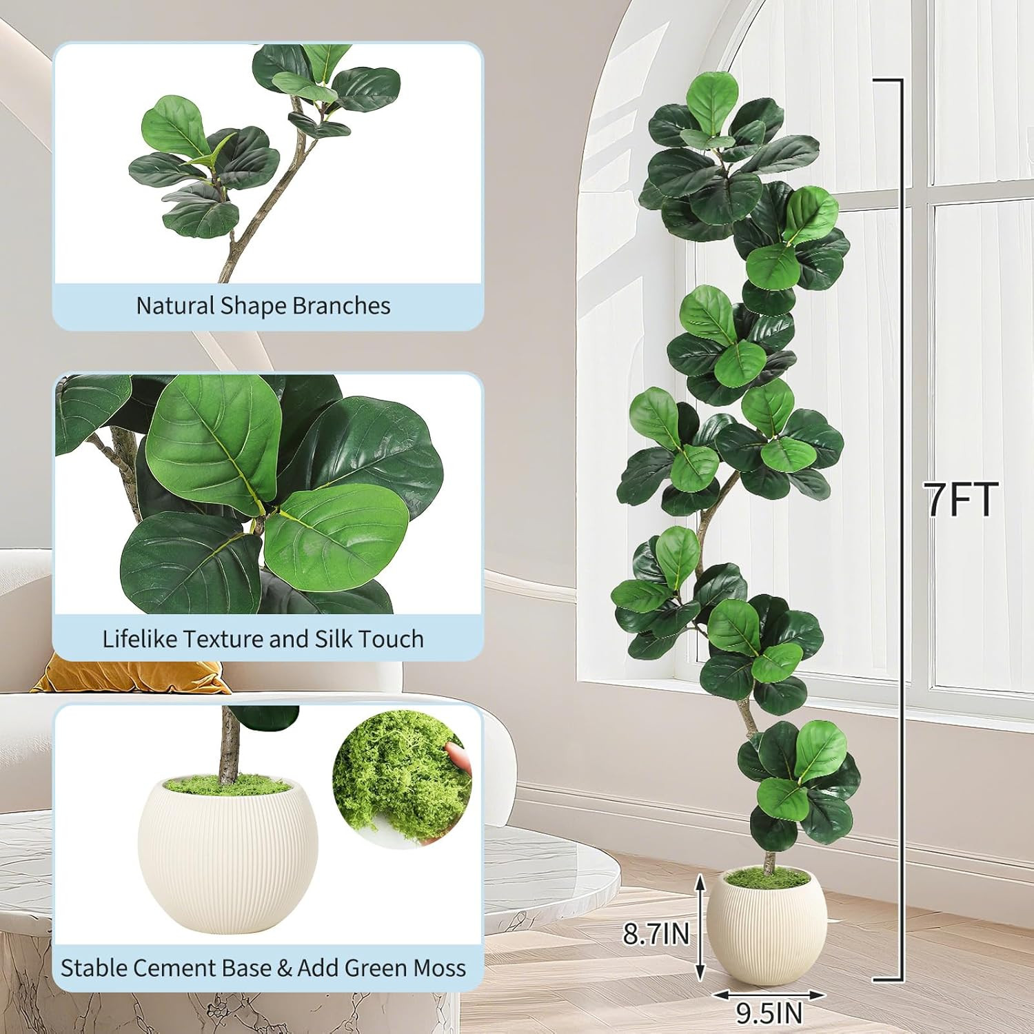 Fiddle Leaf Fig Artificial Tree with White Planter,7Ft Faux Plants Indoor with M