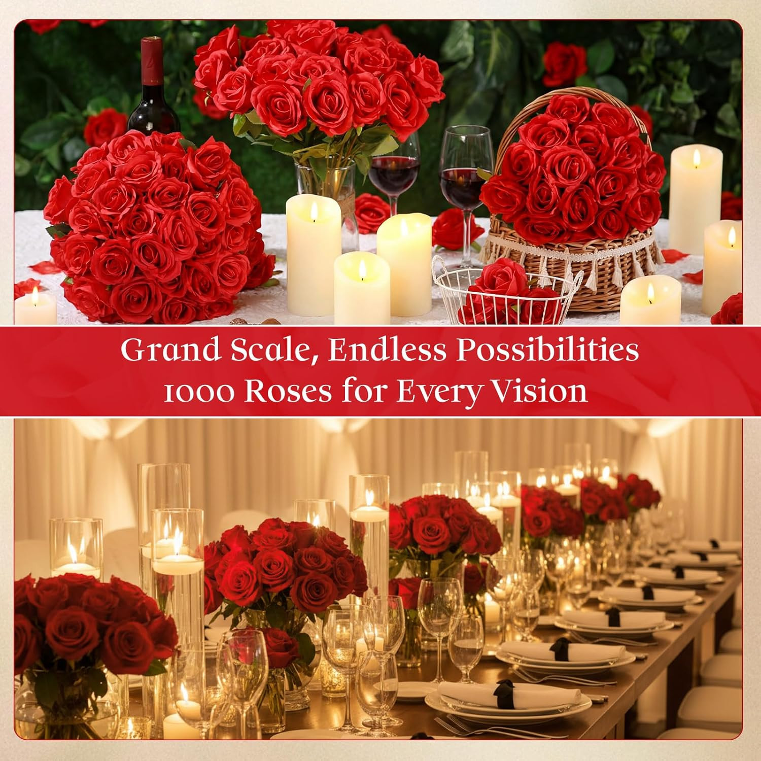 1000 Pcs Red Silk Roses – Realistic Faux Flowers for Weddings & Events