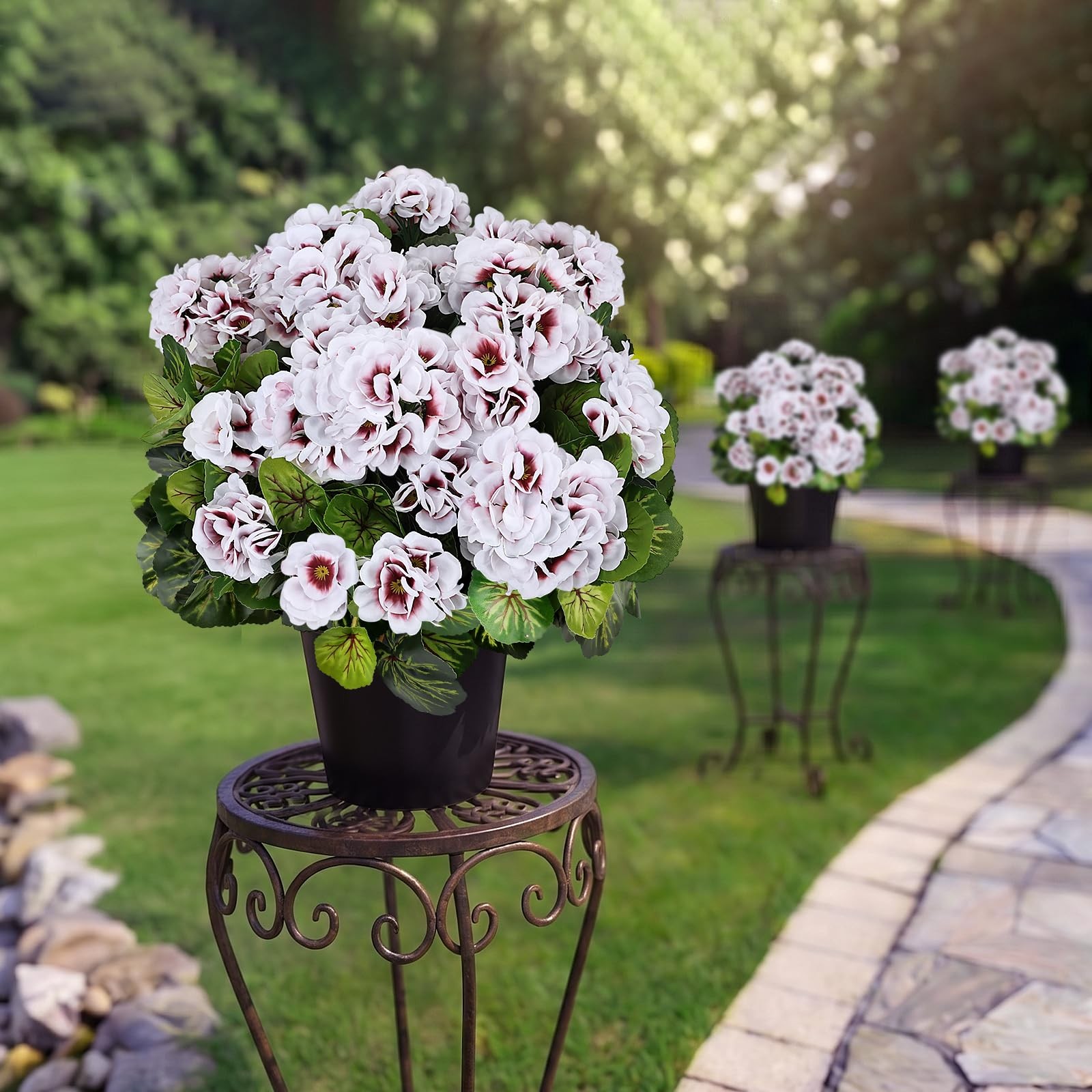 Set of 2 Artificial Geranium Potted for Outdoor, Pre-Made, White