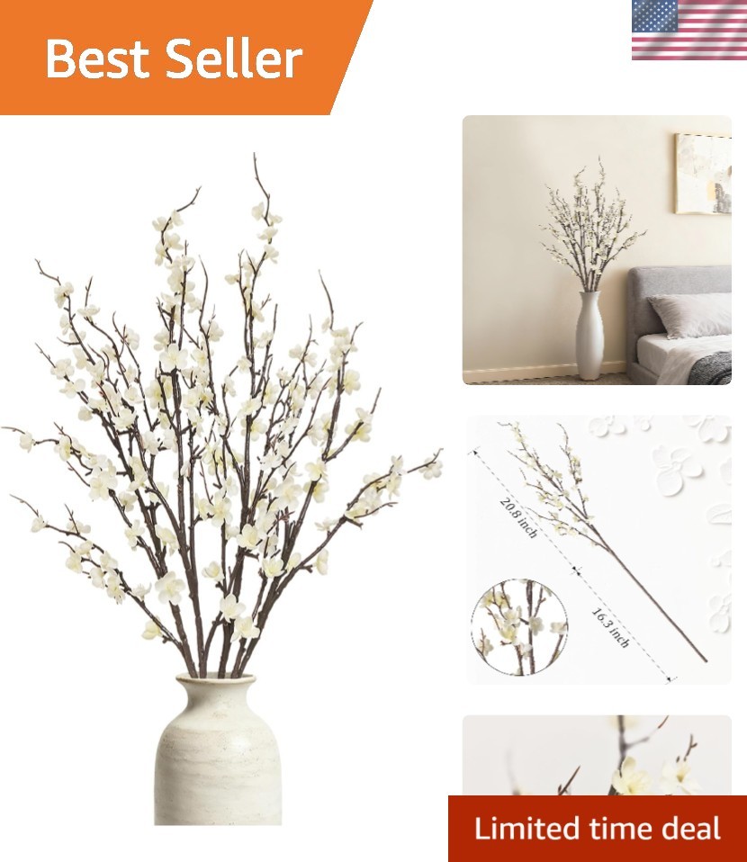 Lifelike White Cherry Blossoms – 4 Pcs 39 Inch Fake Flowers for Home and Events