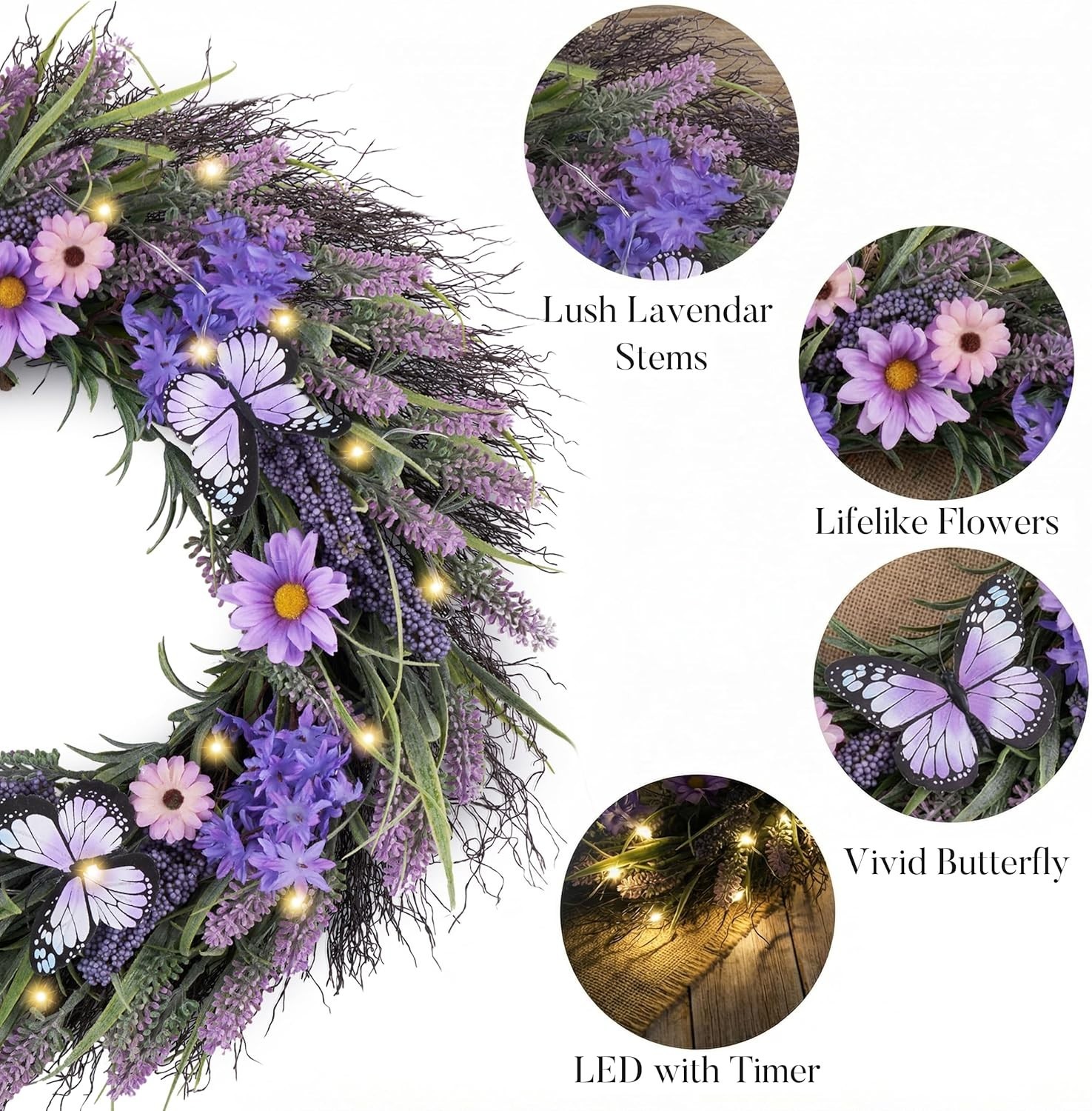 Spring Summer 24” Wreath with Warm LED Lights & Realistic Butterfly Accents