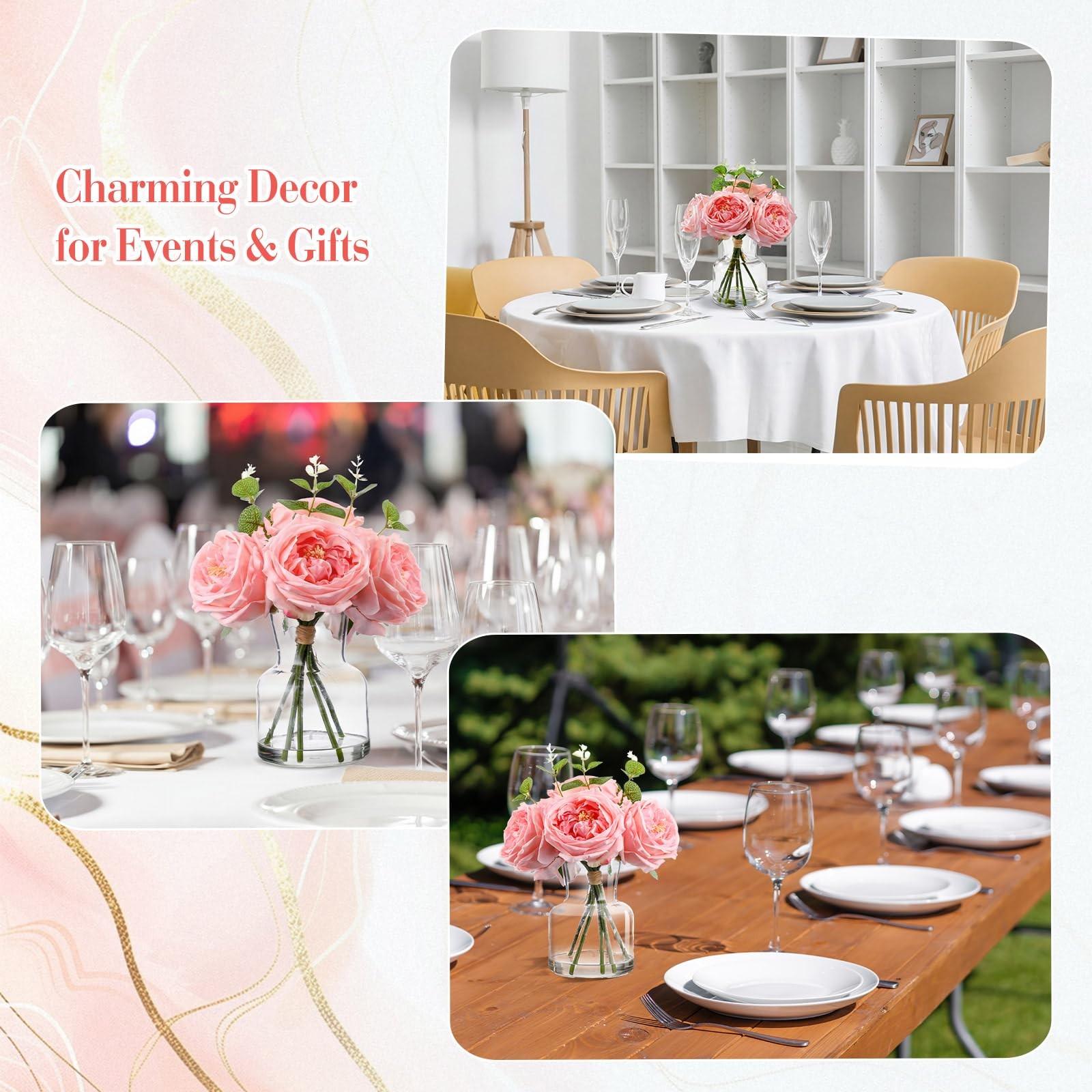 6 PCS Real Touch Peonies Artificial Flowers Faux Austin Rose In Vase Pink