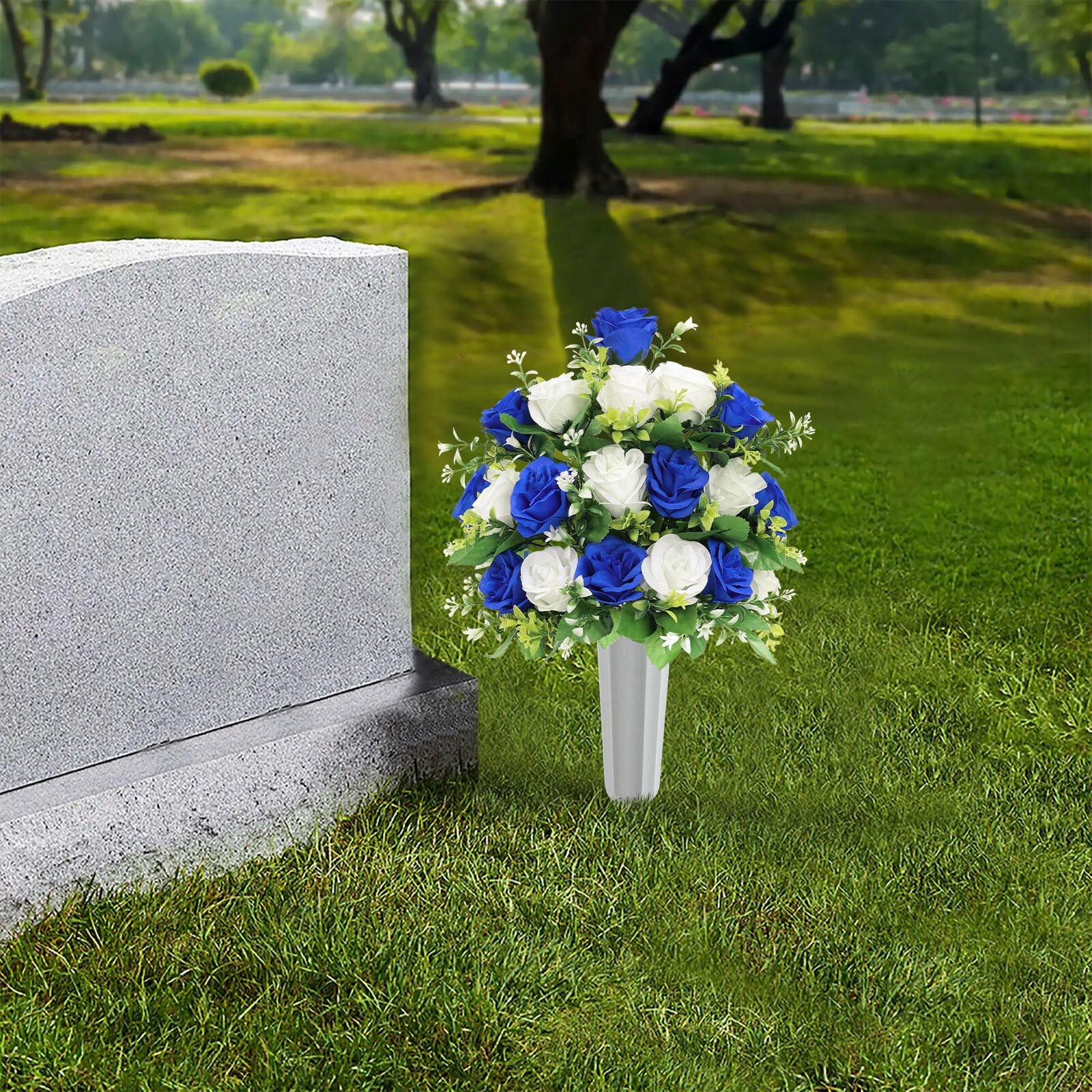 U’Artlines 2Pcs Artificial Cemetery Flowers with Vase for Grave, Silk Memoria…