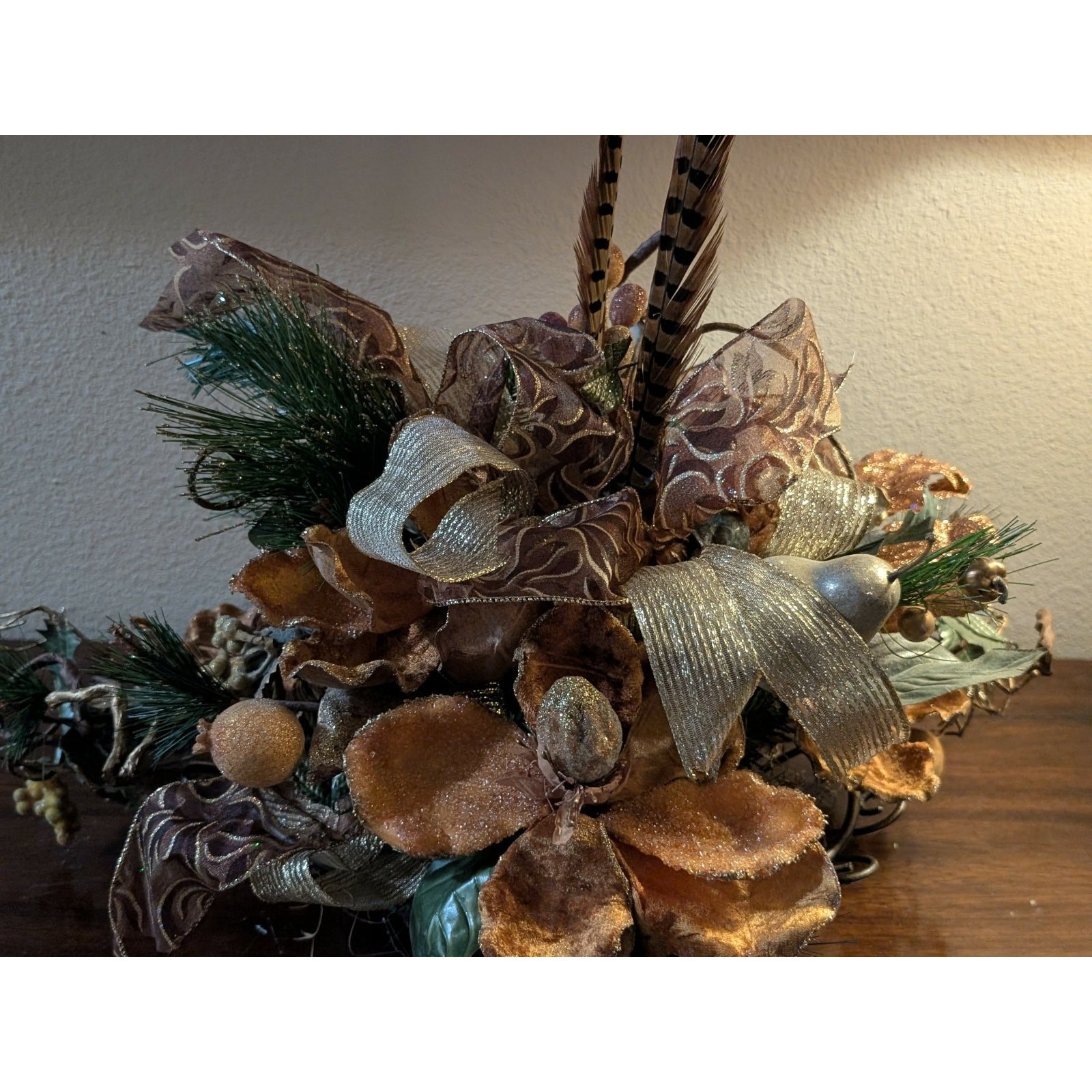 Rust Tan Gold Floral Autumn Fall Thanksgiving Centerpiece Pheasant Feathers