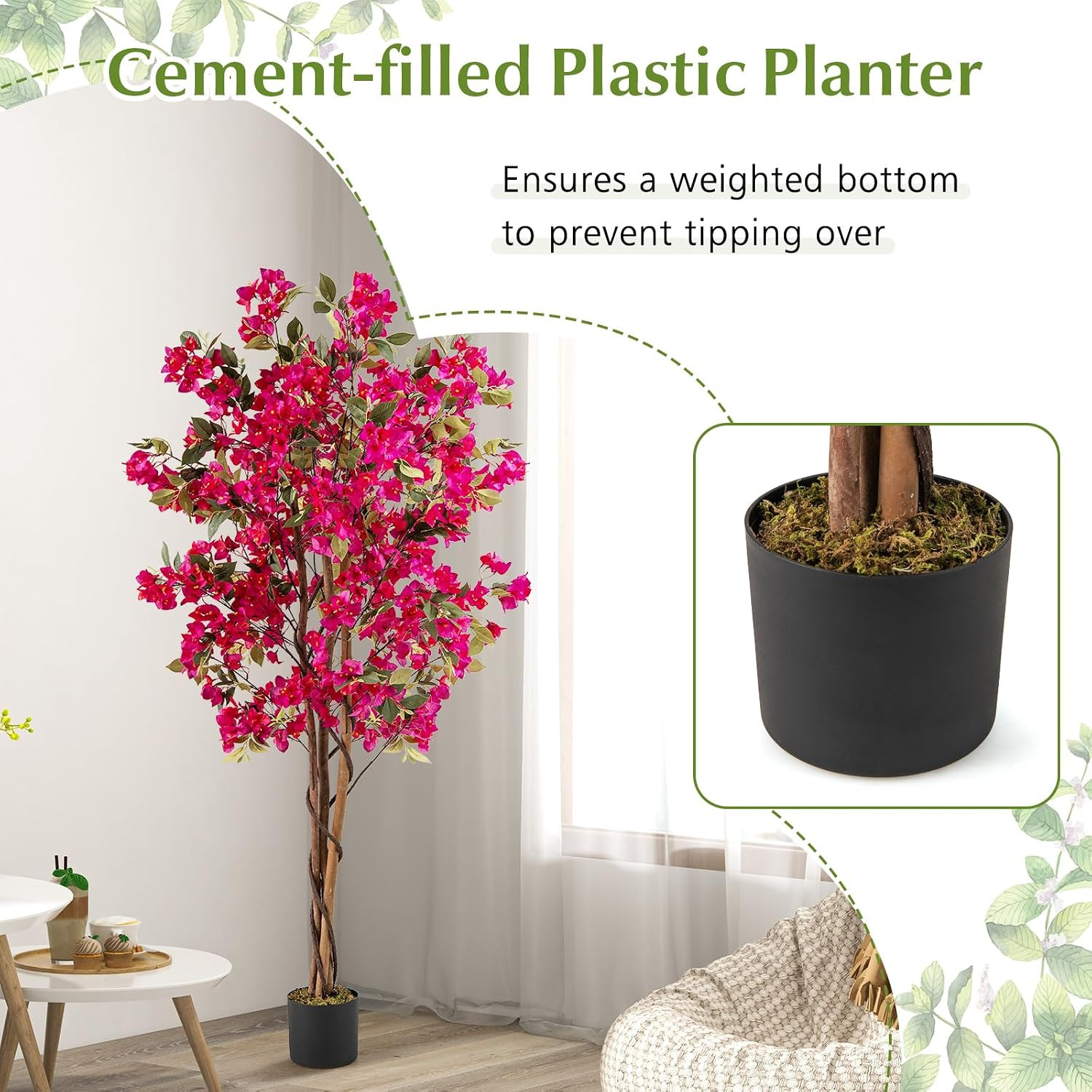 6 FT Bougainvillea Artificial Tree, Faux Flower Tree in Pot with 910 Flowers, 10