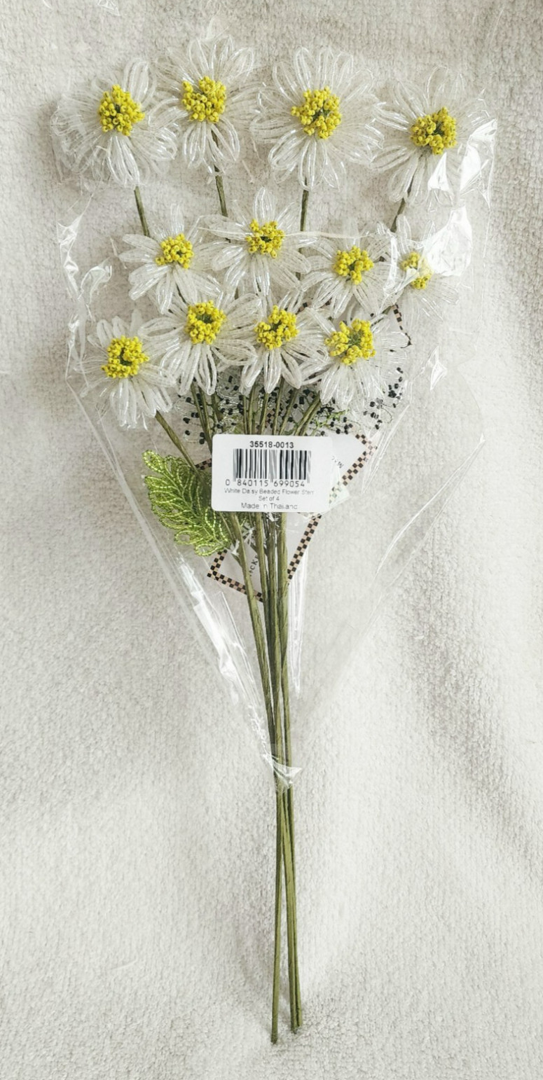 Mackenzie Child White Daisy Beaded Flower Stems Set of 4 18″ NEW!!