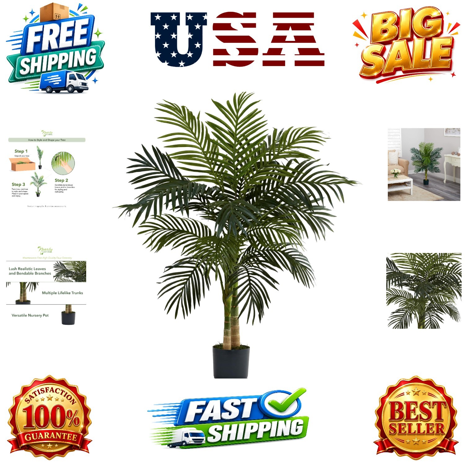 4ft Golden Cane Palm, Double Stalk Artificial Tree With Lush Realistic Foliag…