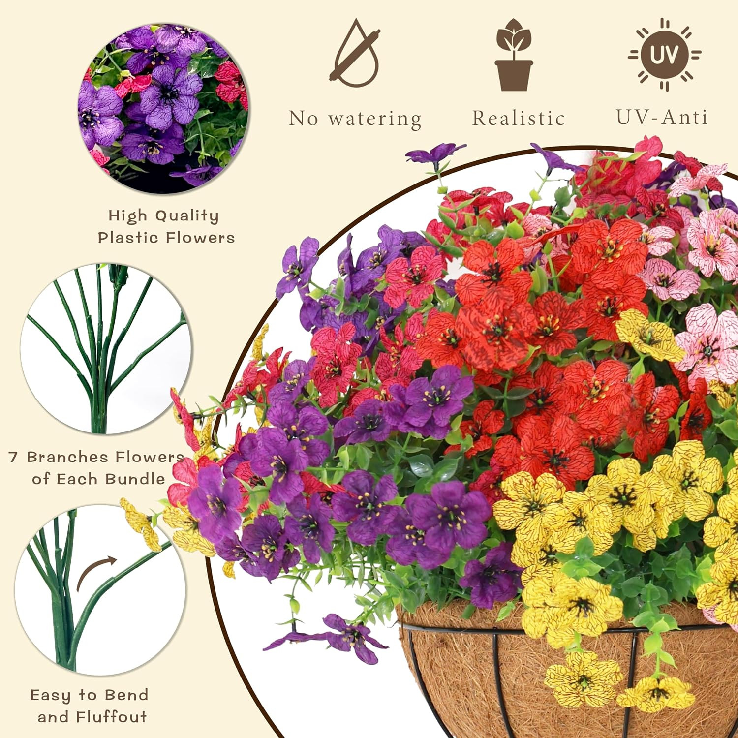 2 Set Artificial Hanging Flowers with Basket for Outdoor Decor, UV Resistant 24