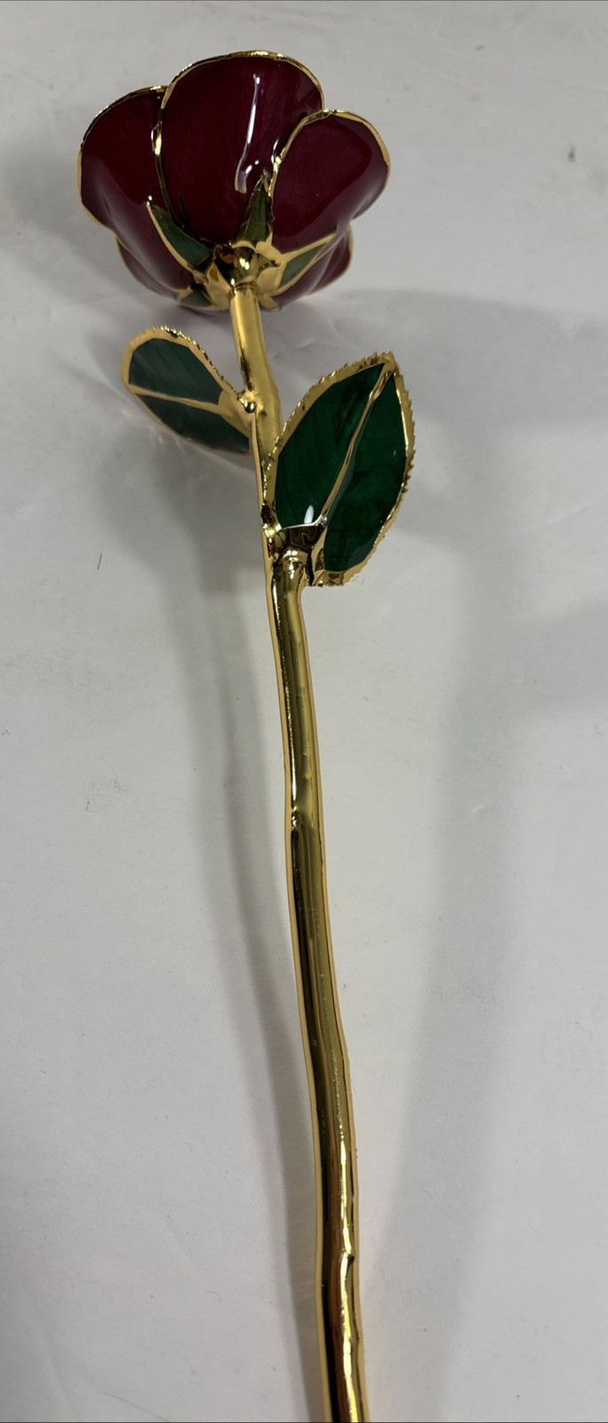 Gold Trimmed Valentine Red Rose 24K Style Long Stem Enamel Flower Gift 11”