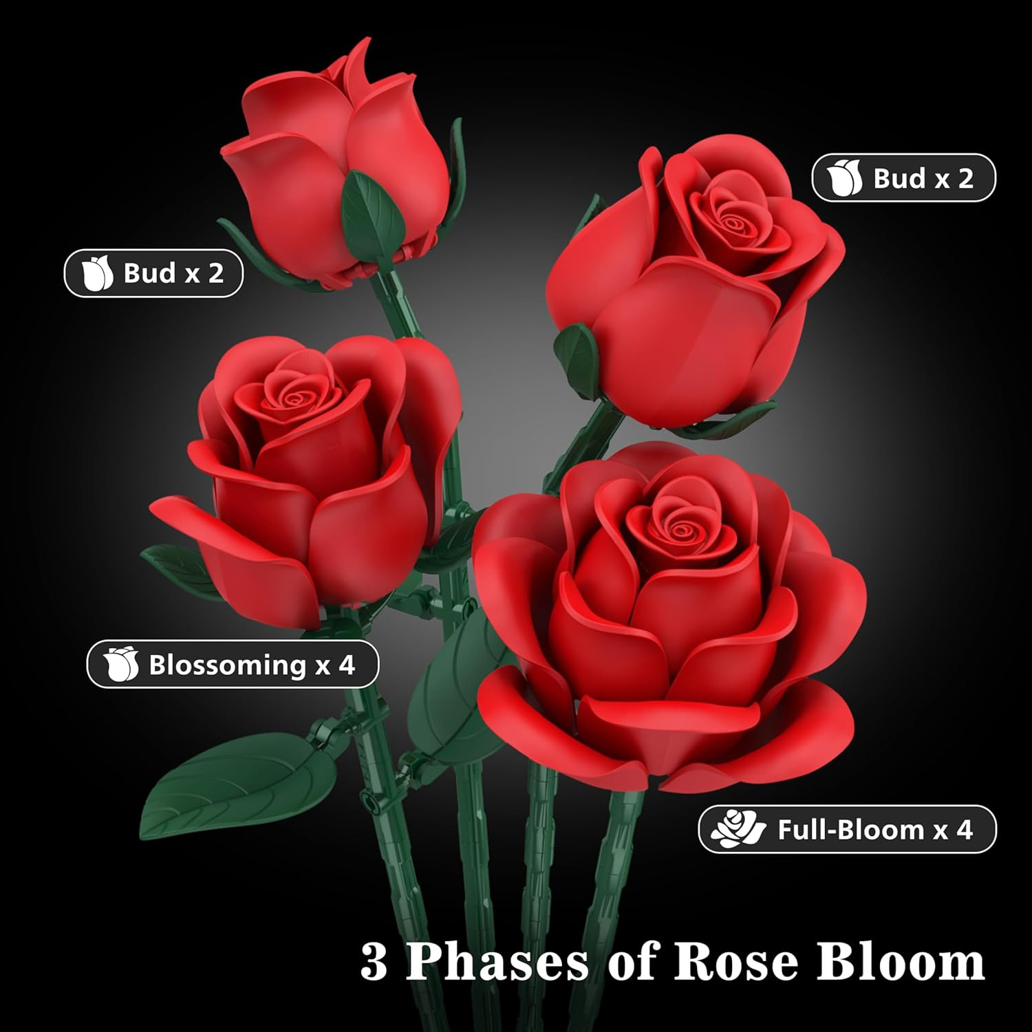 Red Roses Flower Bouquet Building Sets, 670Pcs Artificial Flowers Building Block
