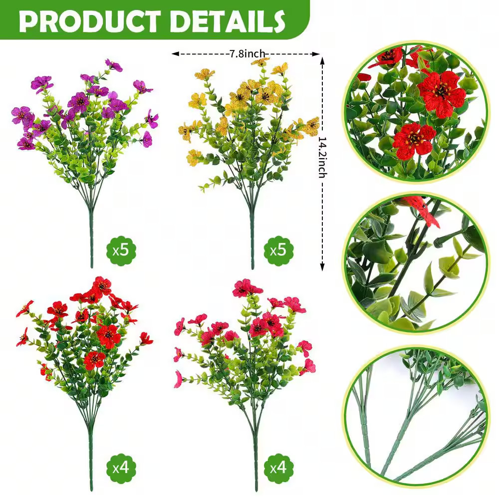 12 In. Red Purple Yellow Rose Red Outdoor UV Resistant Artificial Eucalyptus Flo