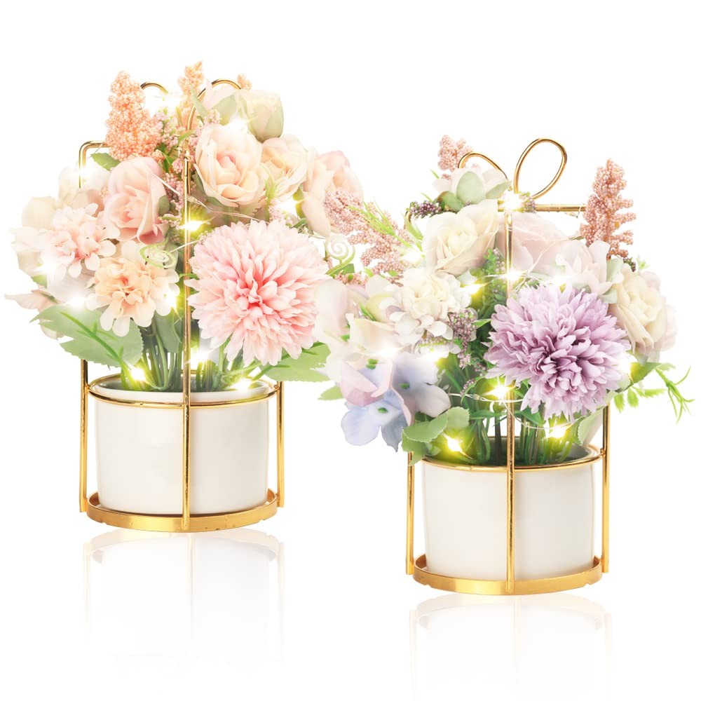 Set of 2 Artificial Flowers Potted Fake Pink and Purple Flowers Hanging Potte…