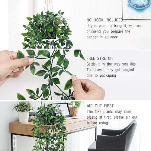Fake Hanging Plants with Pot Deep Green Eucalyptus Leaves 2Pcs Mandala Vines