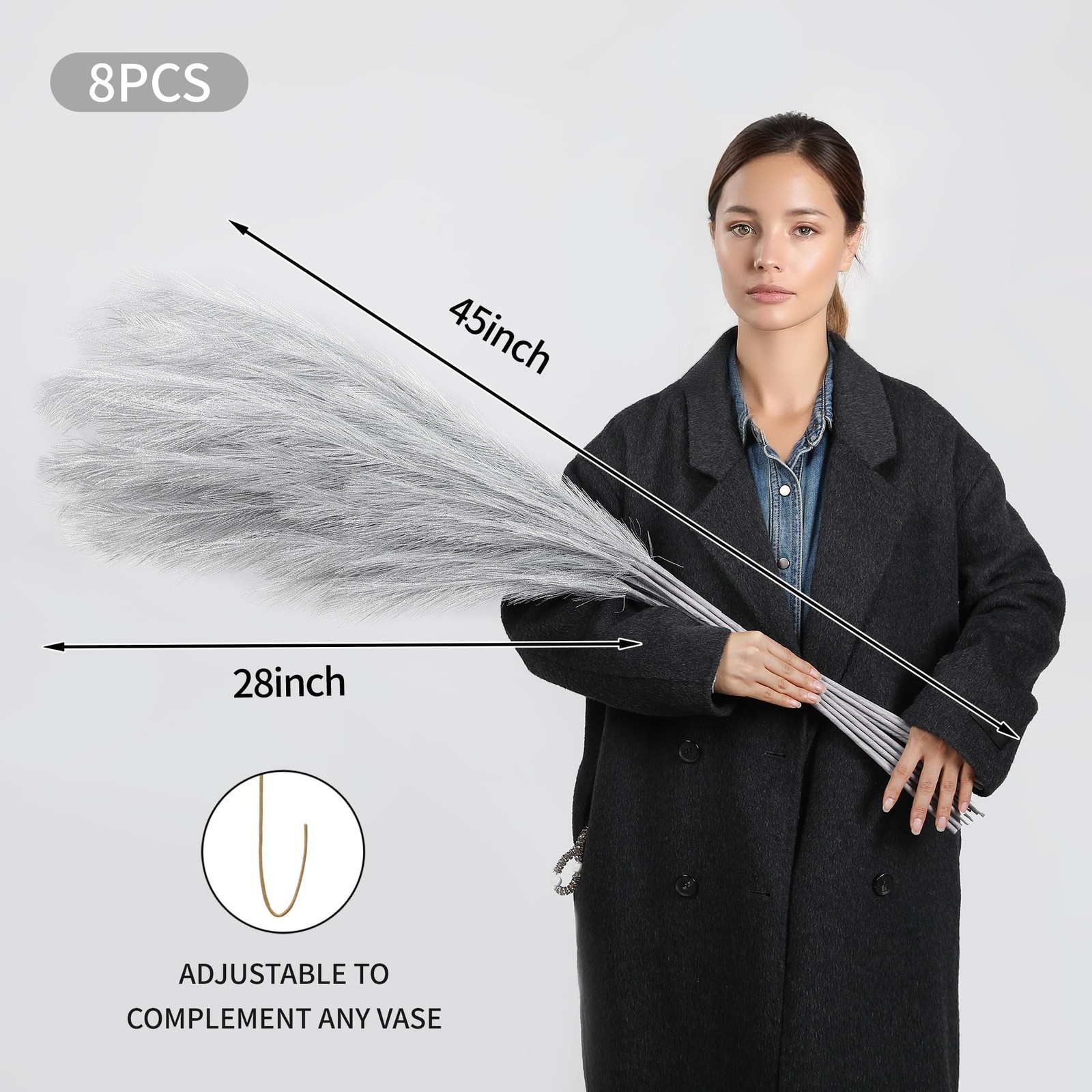 8 PCS Silver Pampas Grass Decor 45 Inch Tall Large Faux Pompous Artificial