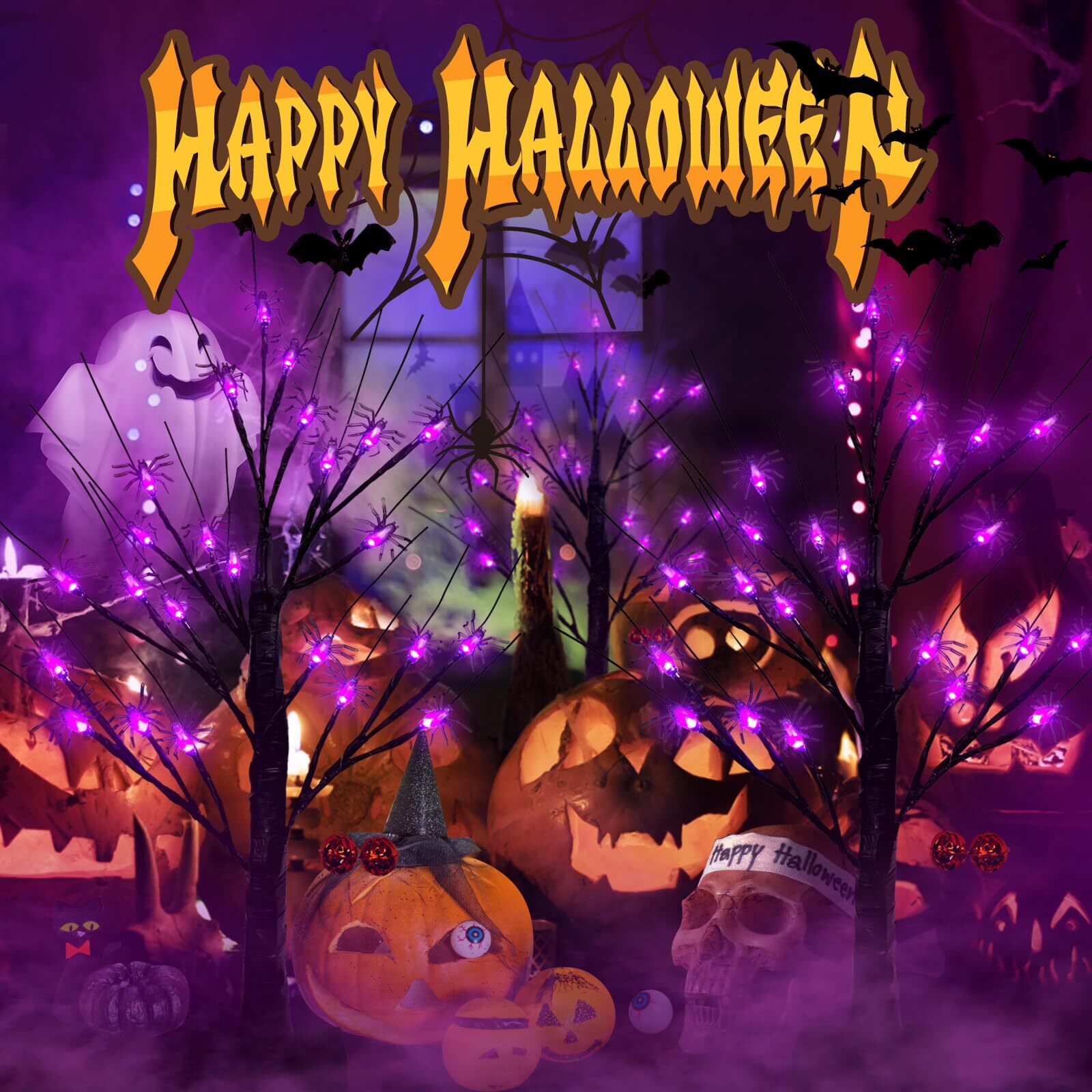 2FT Black Halloween Tree, Spooky Tree with 24 Spider & 24 Purple Lights