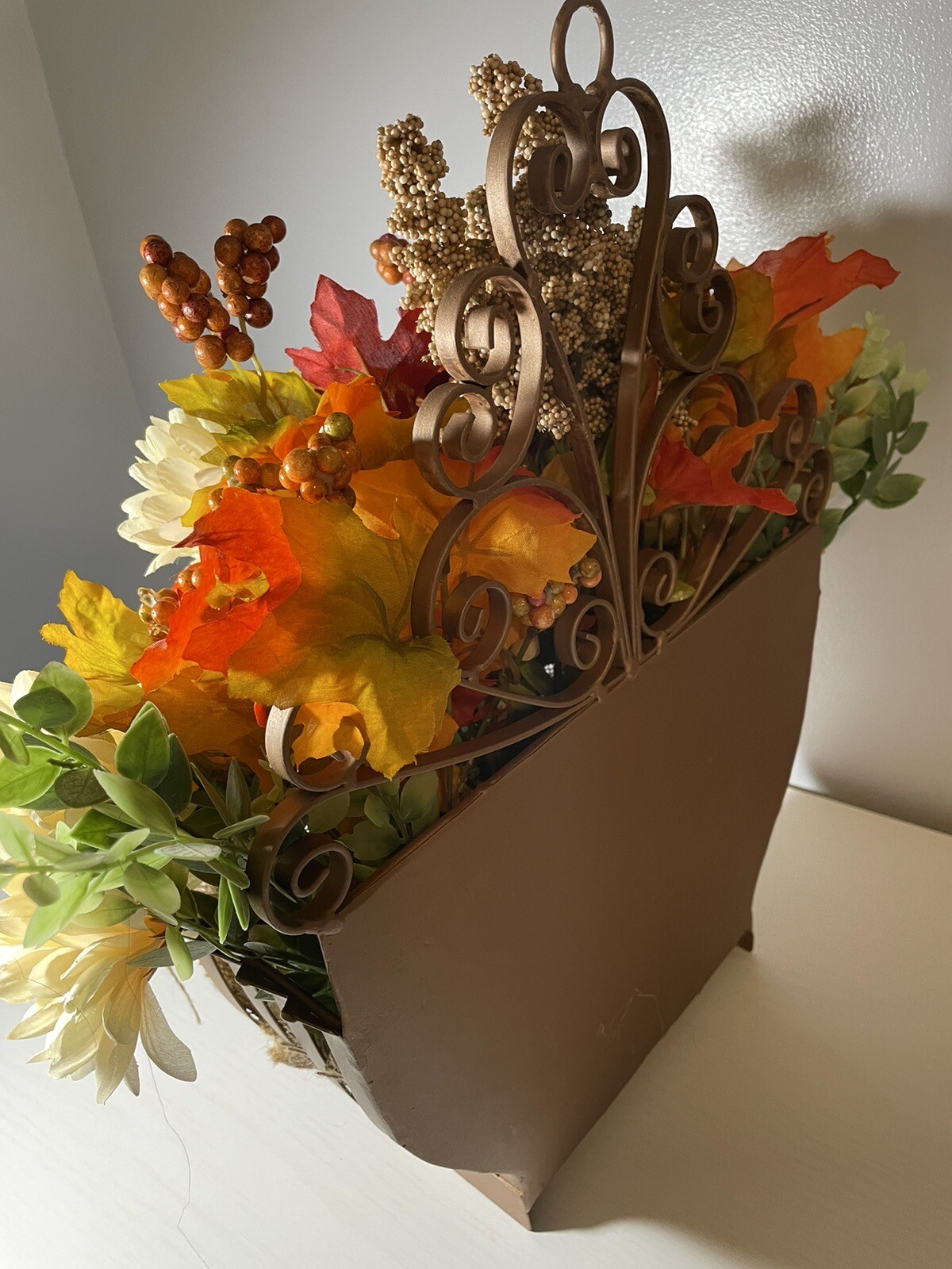 Fall Flower Arrangement In Large Upcycled Metal Hanging Basket Copper Painted