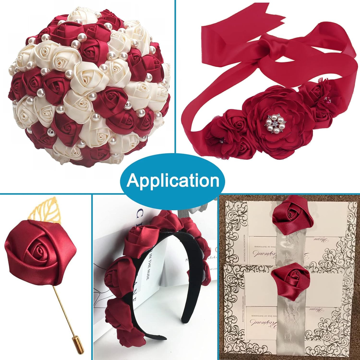 50Pcs Satin Ribbon Rose 4D Handmade Fabric Flowers 1.4″ for DIY Wedding Bouquet