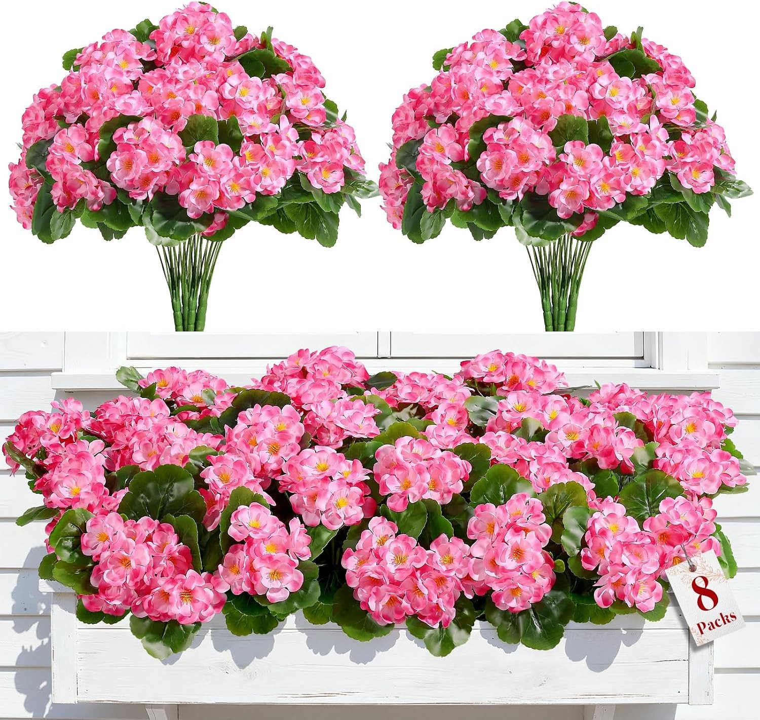 8 Pcs Artificial Geranium Flowers, UV Resistant Silk Faux Outdoor Decor