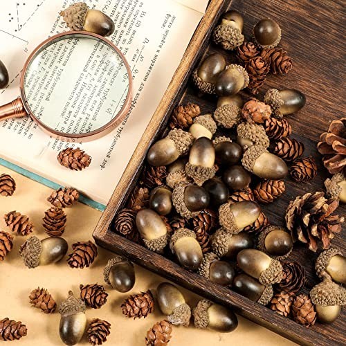 200 Pcs Artificial Acorns & Mini Pine Cones – Lifelike Decor for Crafts, Vases,