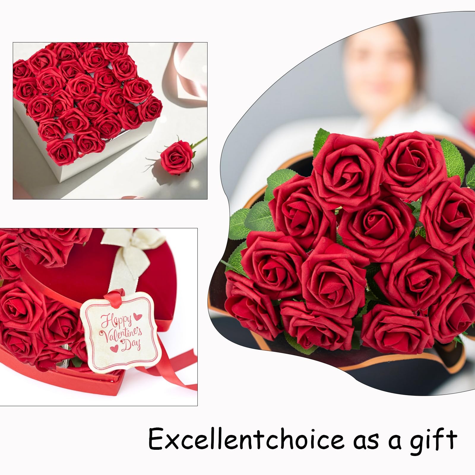 Artificial Flowers Dark Red Rose Fake Foam Roses with Stem for Wedding Bouquets