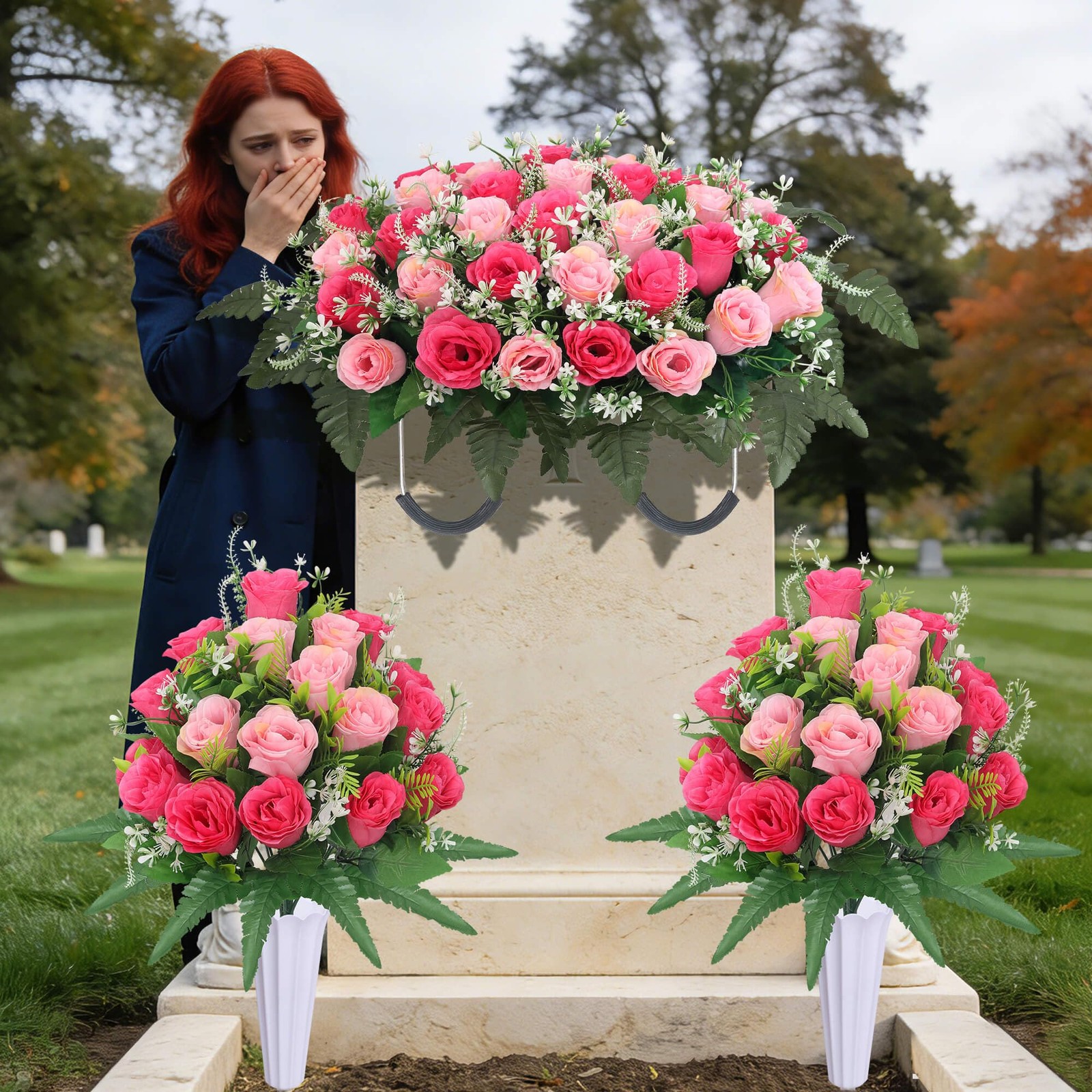 Lodou 3 Sets Cemetery Flowers for Grave,Headstone Flower Saddle,Grave Memorial F