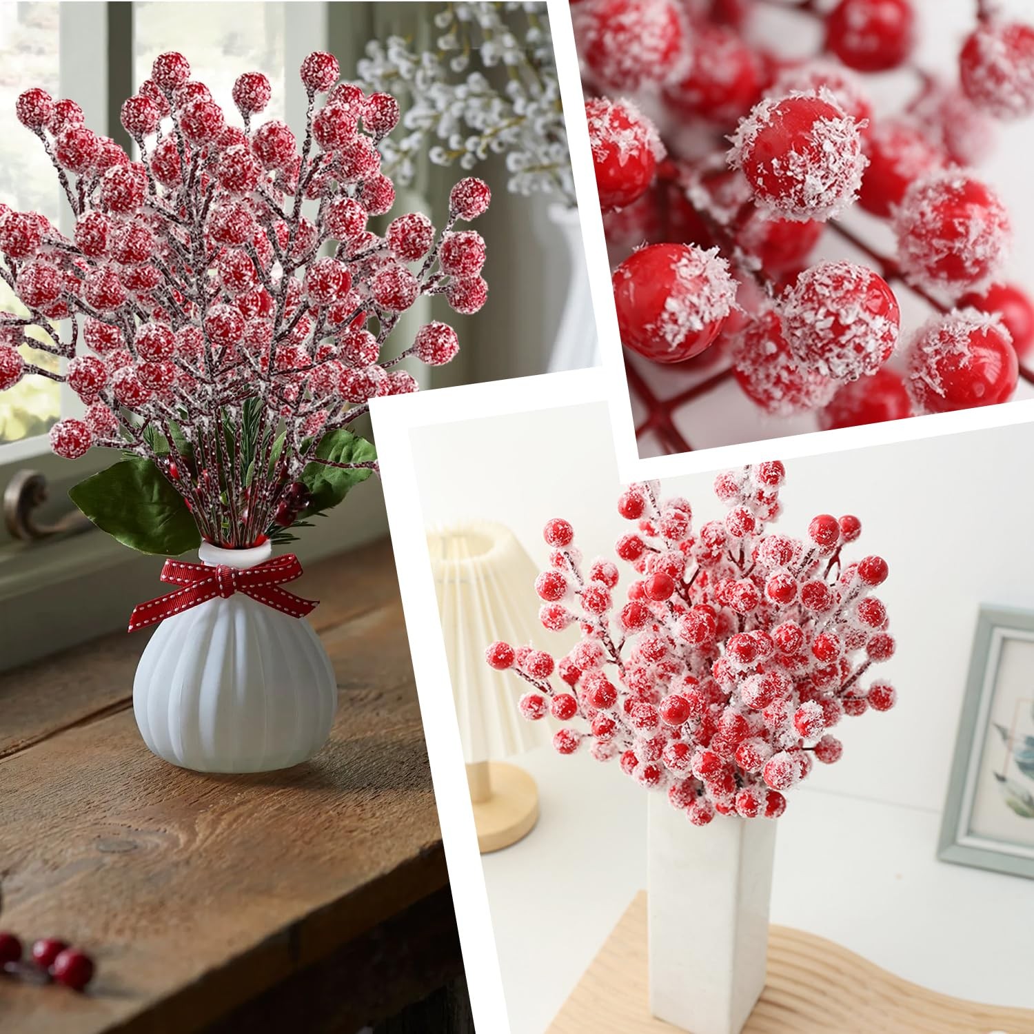 12Pcs Artificial Holly Stems 7.8 Inch Christmas Spray Picks with Snow Red Ber…