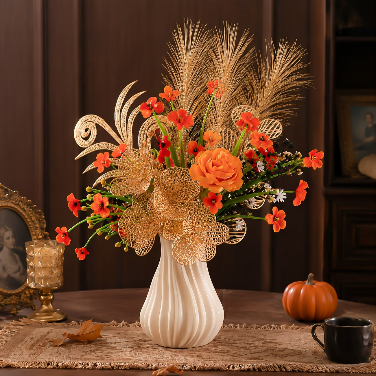 1 Set Amber Flower Crown, Warm Orange Rose, Golden Thread Whispers, Cloud Wheat