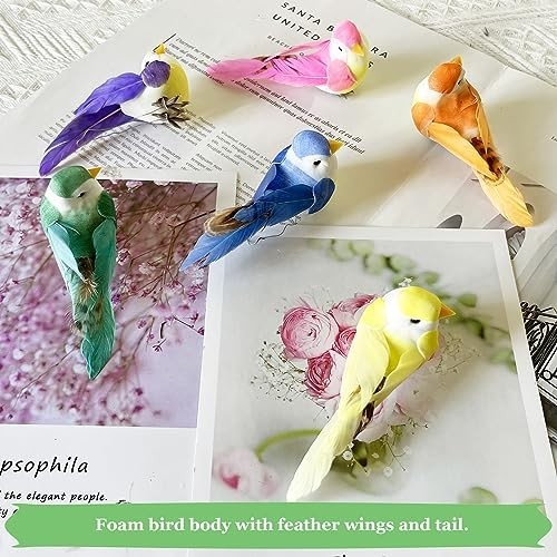 12pcs Clip on Artificial Foam Feather Birds 3.5in Mini Assorted Colors Craft