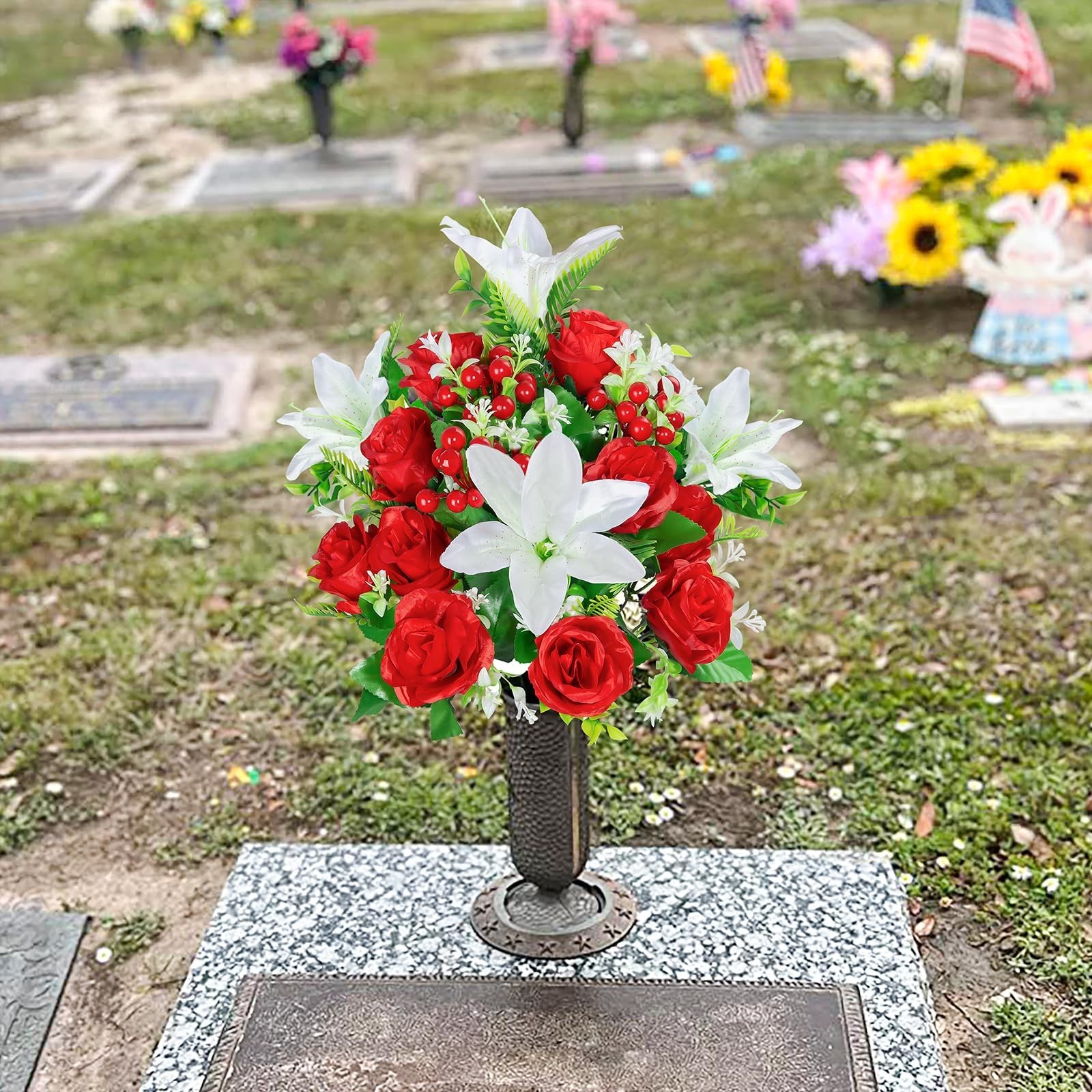 Set of 2 Artificial Cemetery Flowers with Vase – Rose Lily Bouquet for Graveside