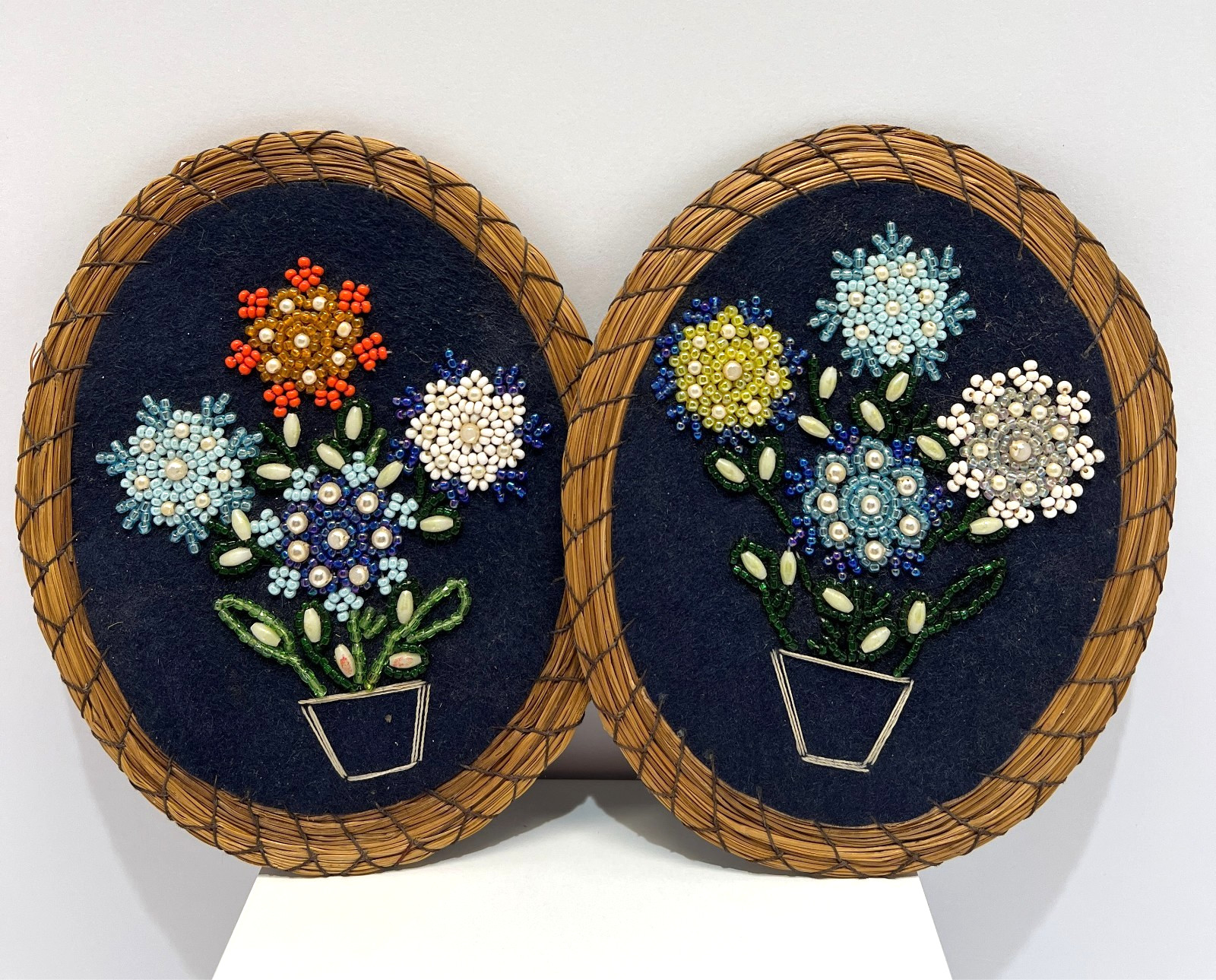 VTG Handcrafted Embroidery Beaded Art Floral Bouquet Blue Felt Sweet Grass Frame