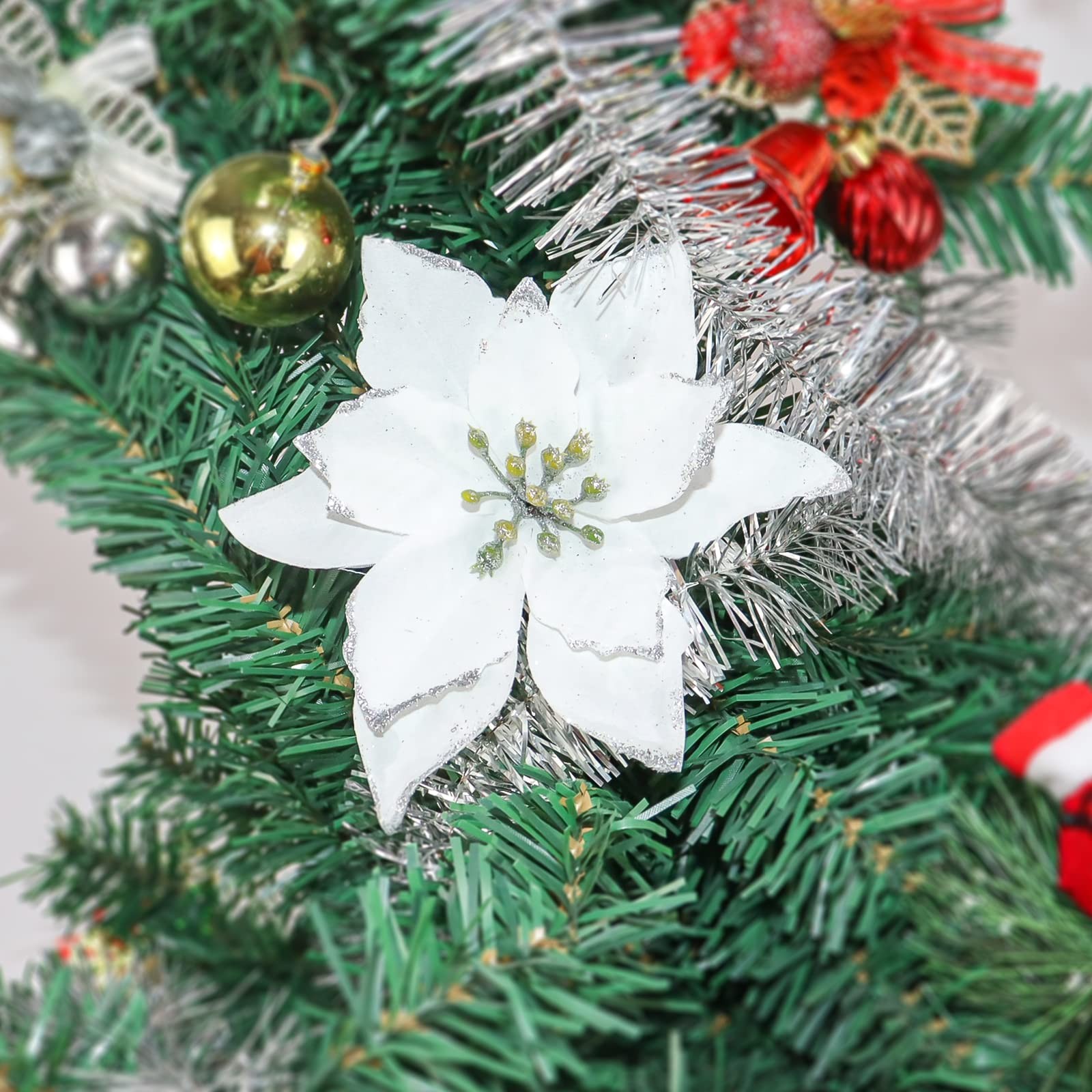 12 Pack White Glitter Poinsettia Ornaments, Christmas Tree, Flowers, Decor,Clips