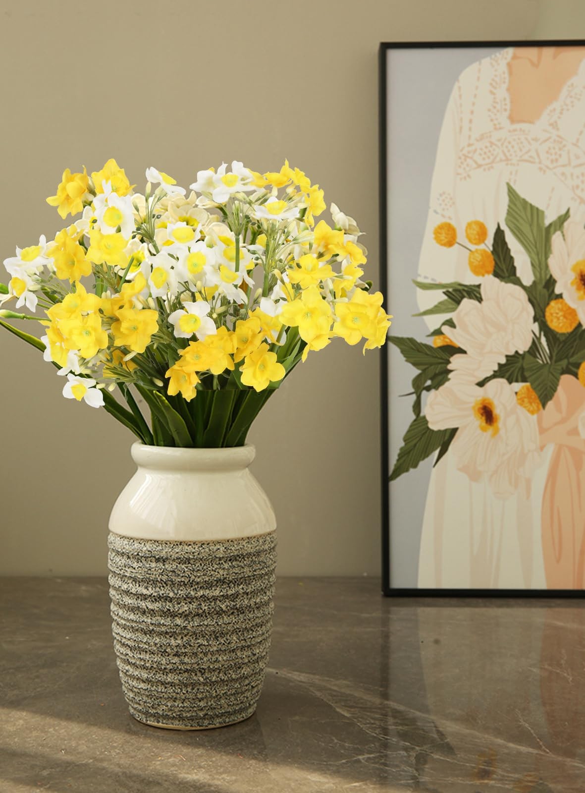 Artificial Daffodils Yellow and White Fake Spring Flowers 6 Bundles 15.75″ Na…