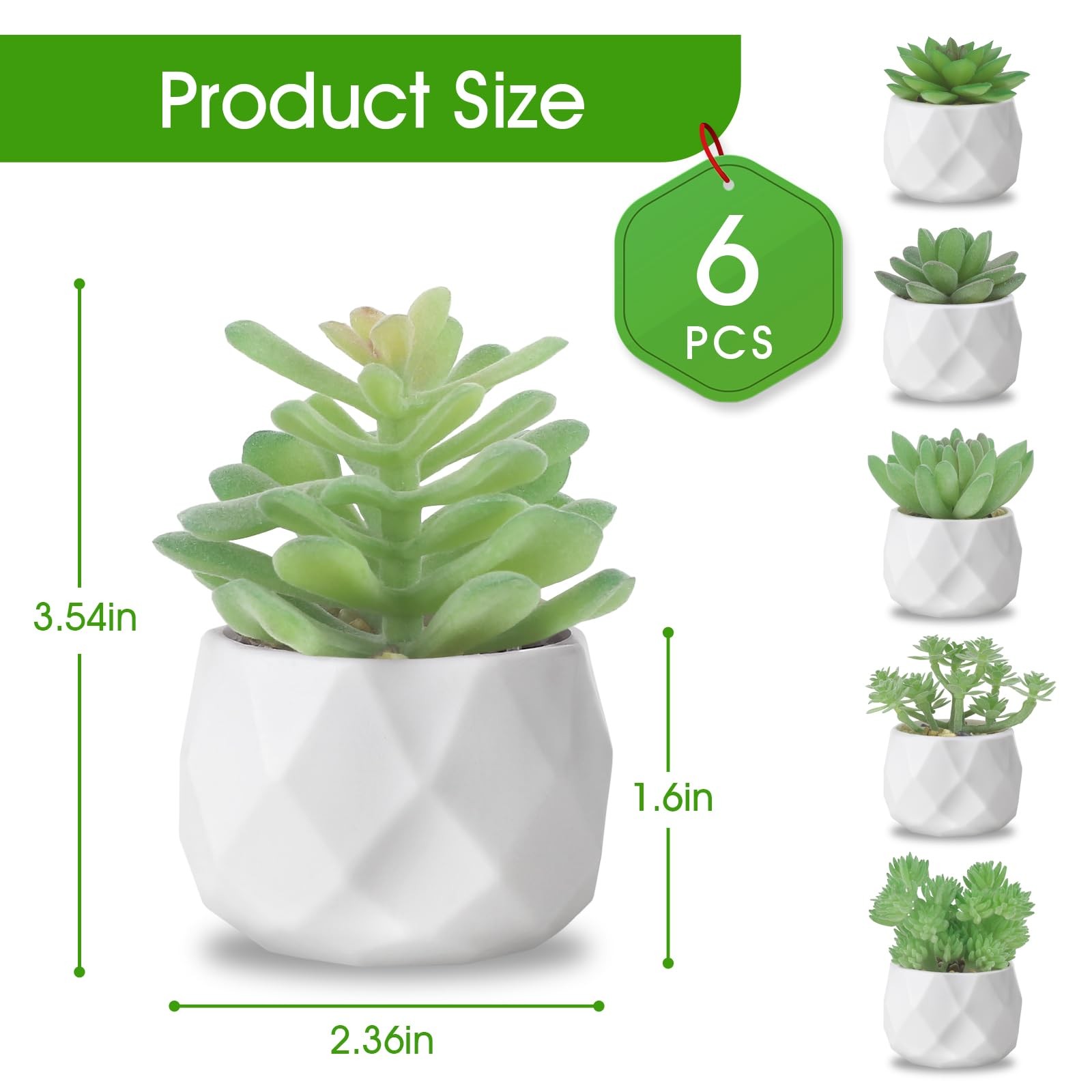 6 PCS Green Fake Succulent Plant Set Artificial Desk Realistic Faux Pots Mini