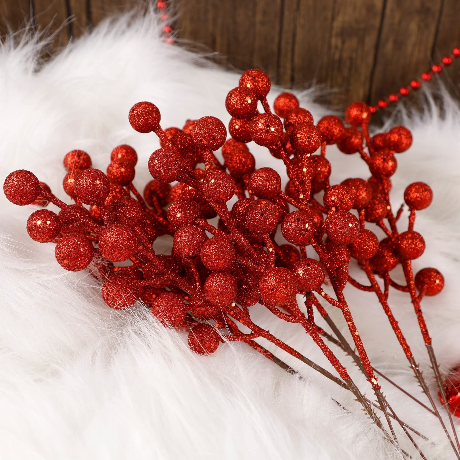 24 Pack 8 Inch Christmas Glitter Faux Winter Berry Sprigs, Artificial Sparkin…
