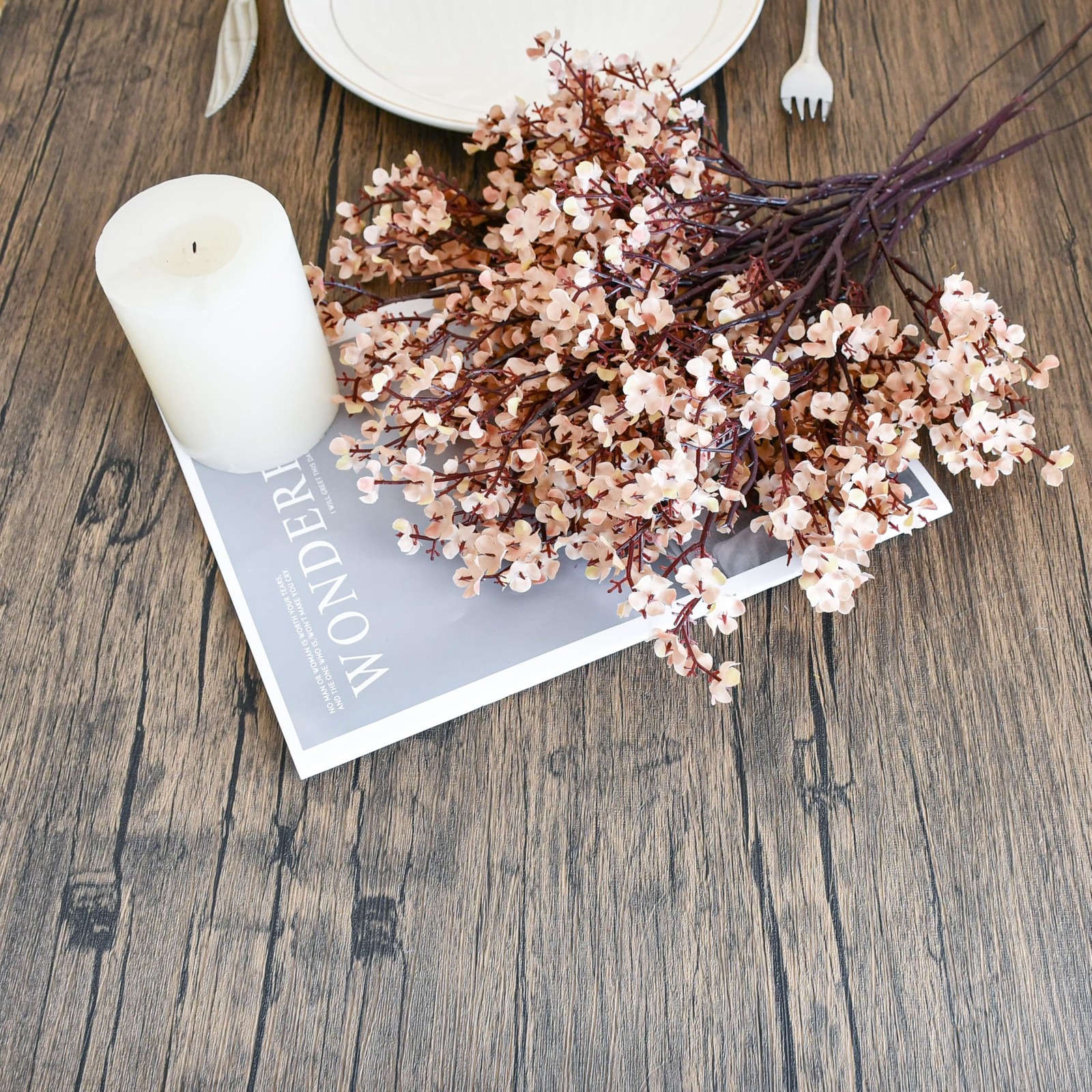 Light Brown Artificial Flowers, 6 Bundles Silk Gypsophila with Flexible Stems